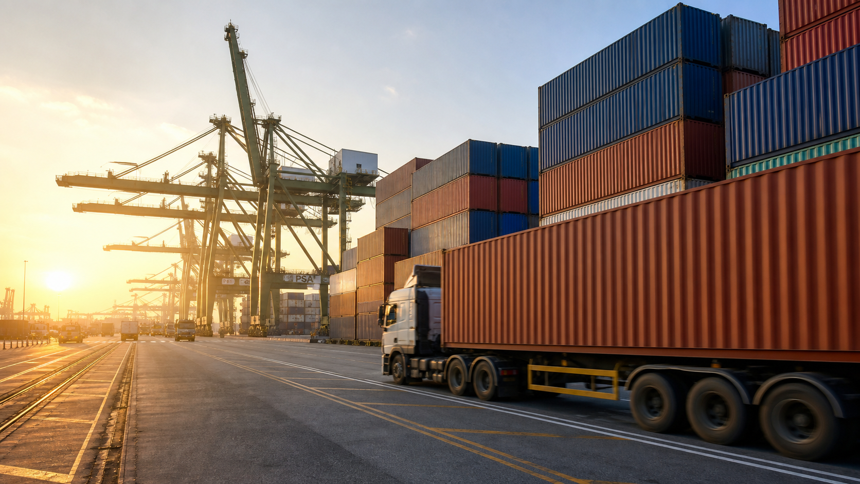 Container truck at PSA Singapore port handling beverage imports
