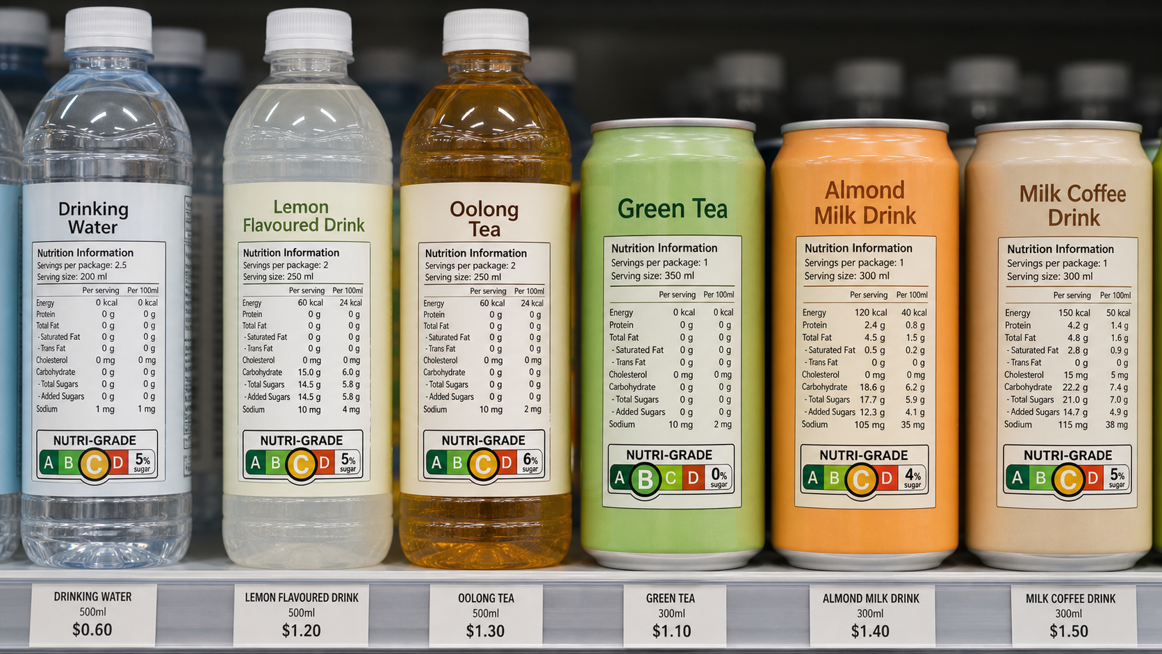Close-up of prepacked drinks with Nutri-Grade labels on shelf