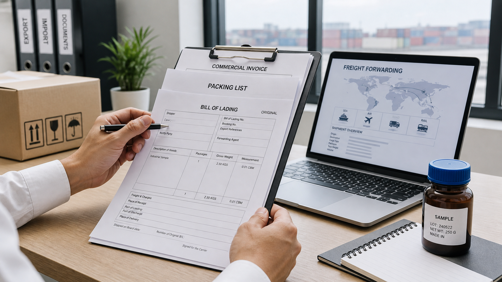 Freight forwarder checks beverage shipment documents for Singapore import
