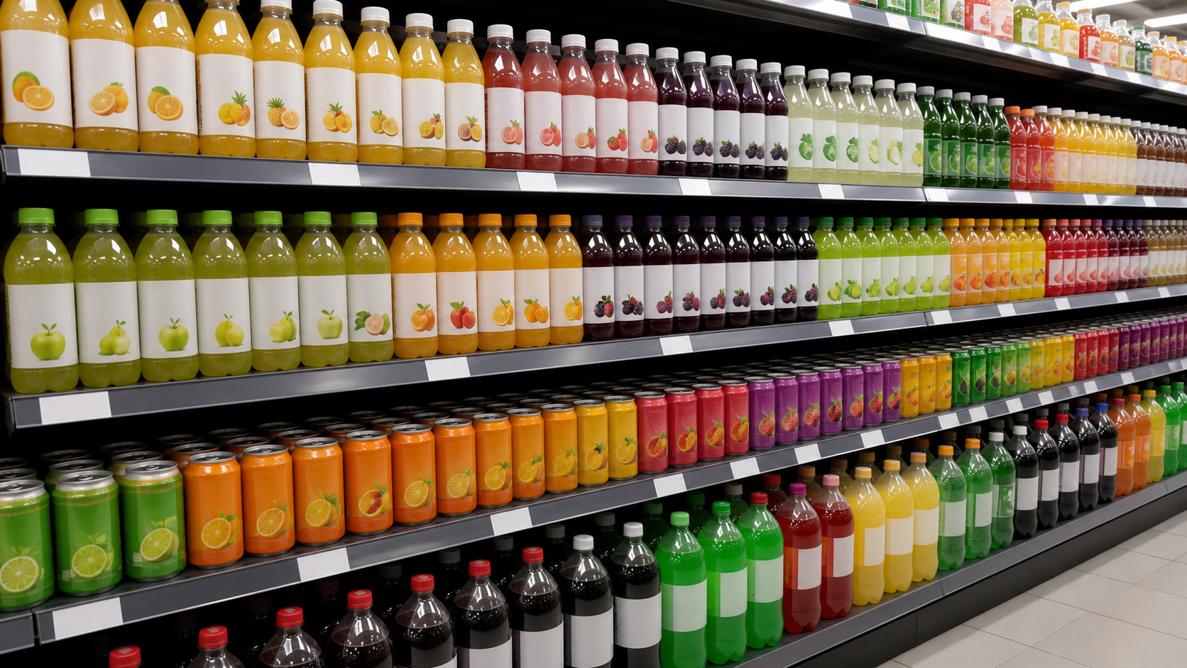 Supermarket shelf with imported juices and soft drinks