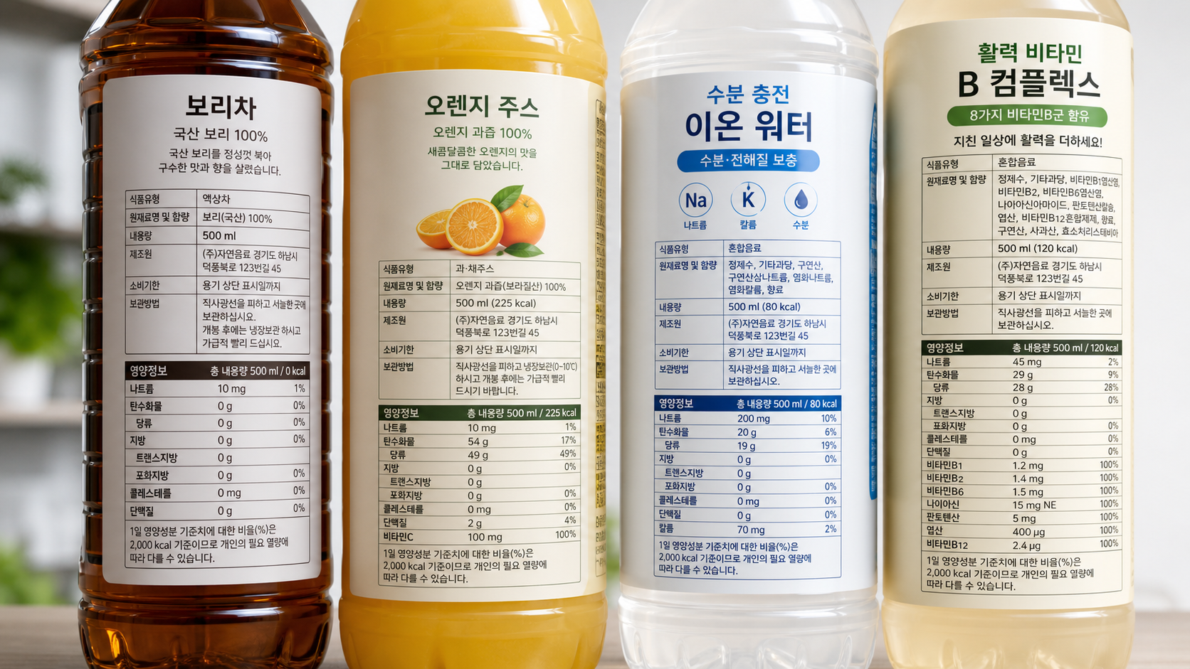 Close-up of Korean beverage label on assorted bottled drinks