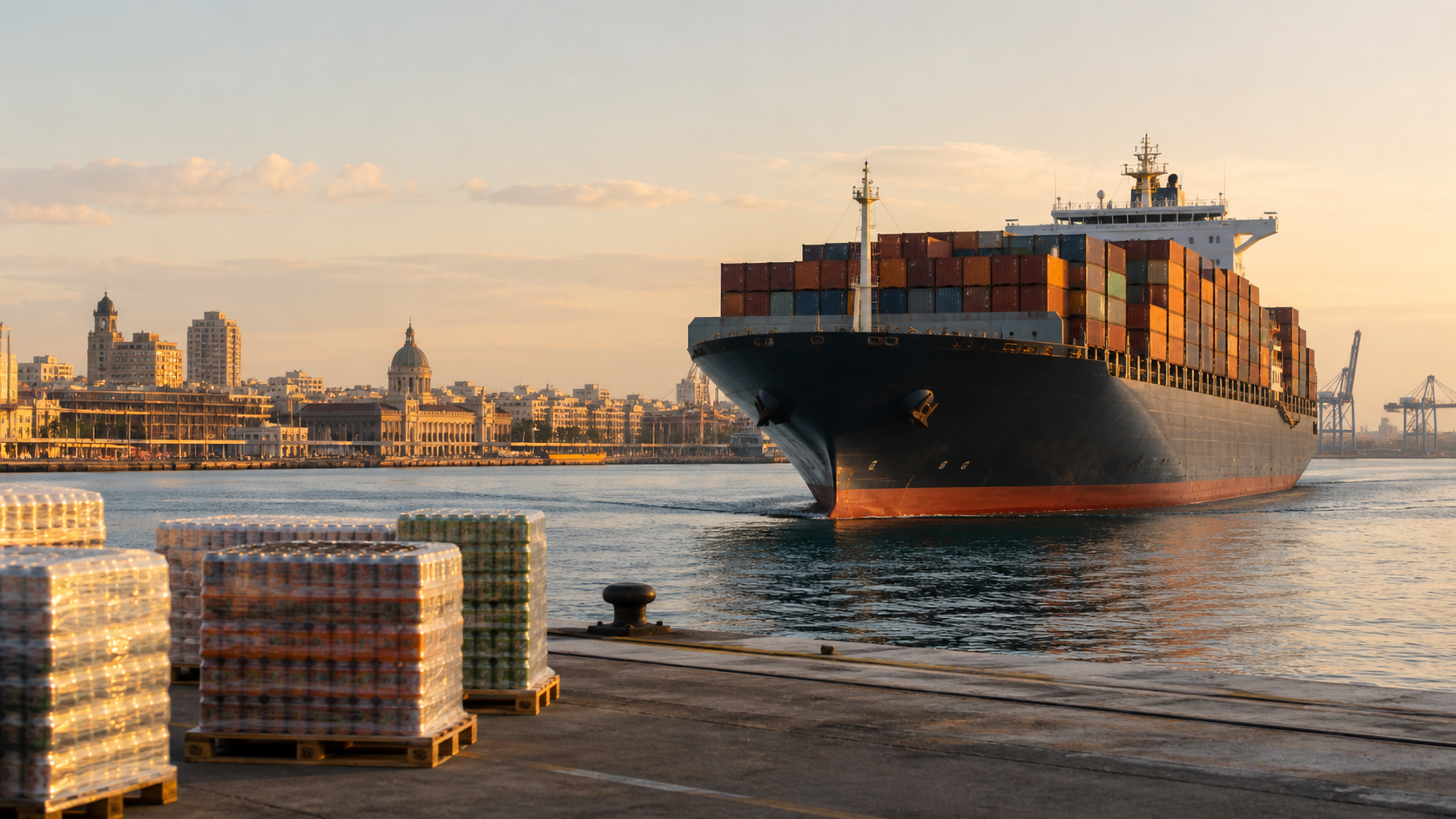 Container ship entering Valencia port with beverage containers stacked high