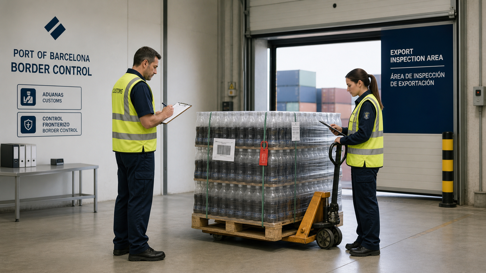 Customs inspection at Barcelona border control post for imported beverage pallets
