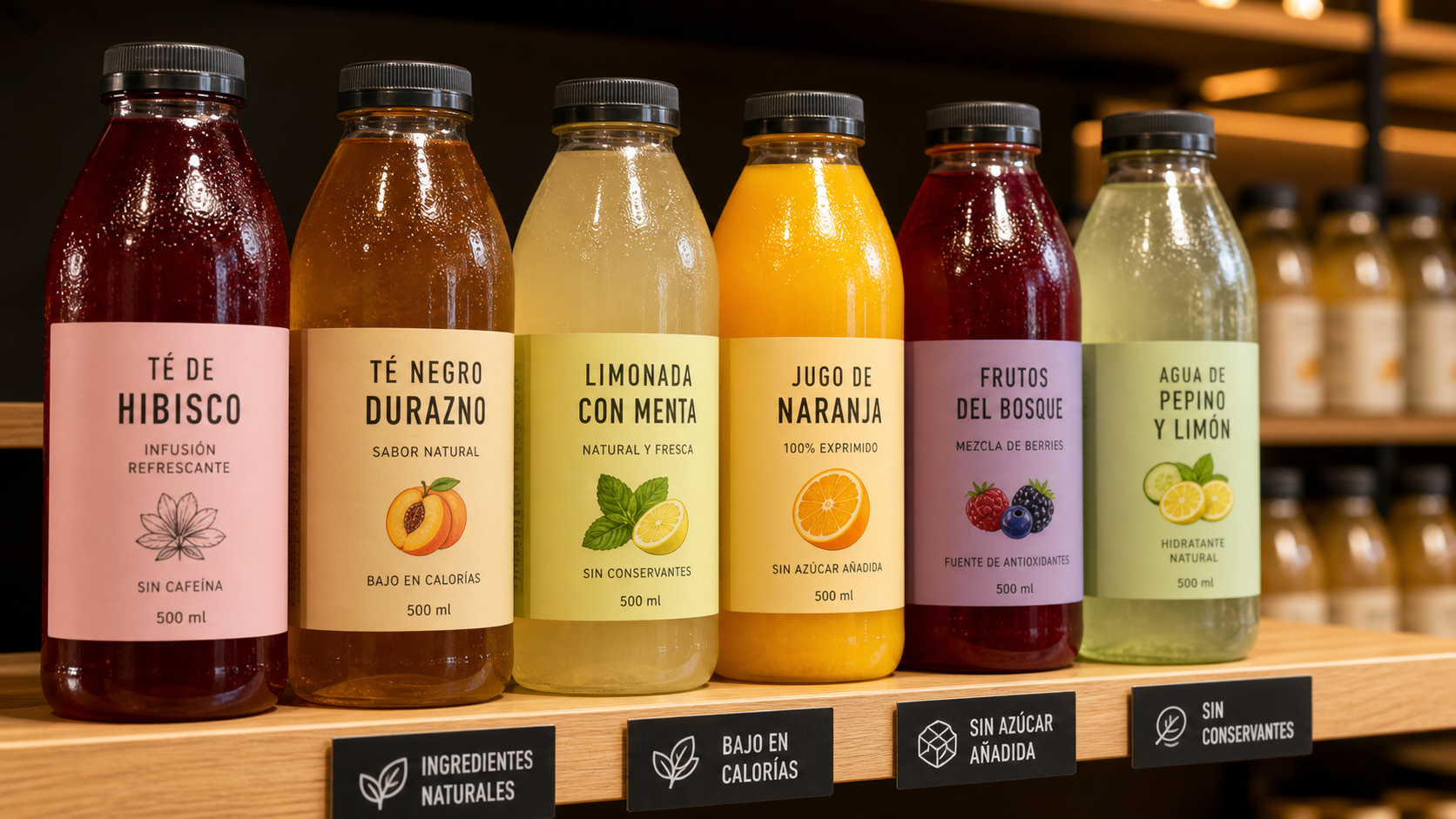 Shelf-ready beverage bottles with Spanish labels on retail display