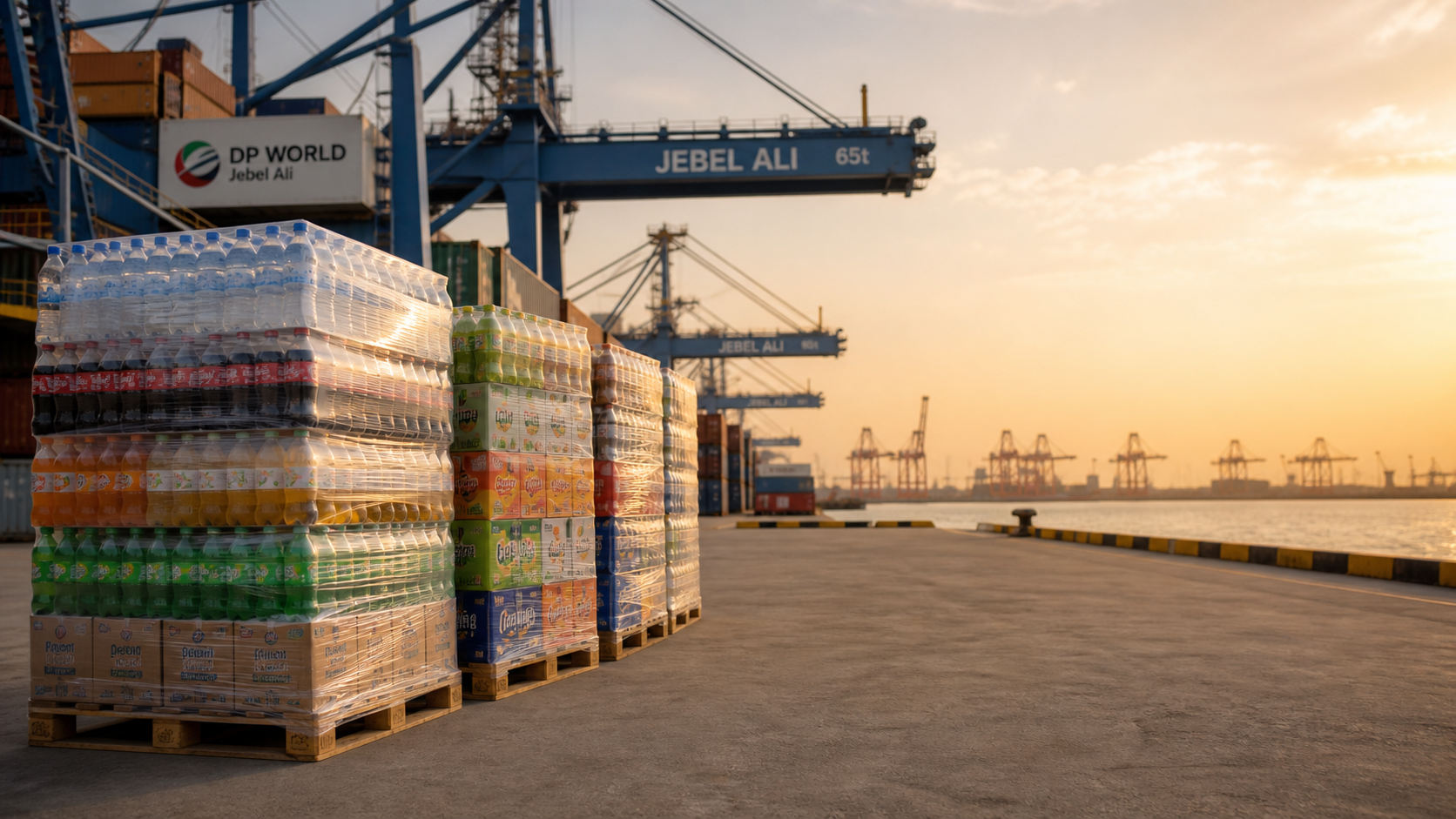 Jebel Ali Port containers with shrink-wrapped beverage pallets at dock