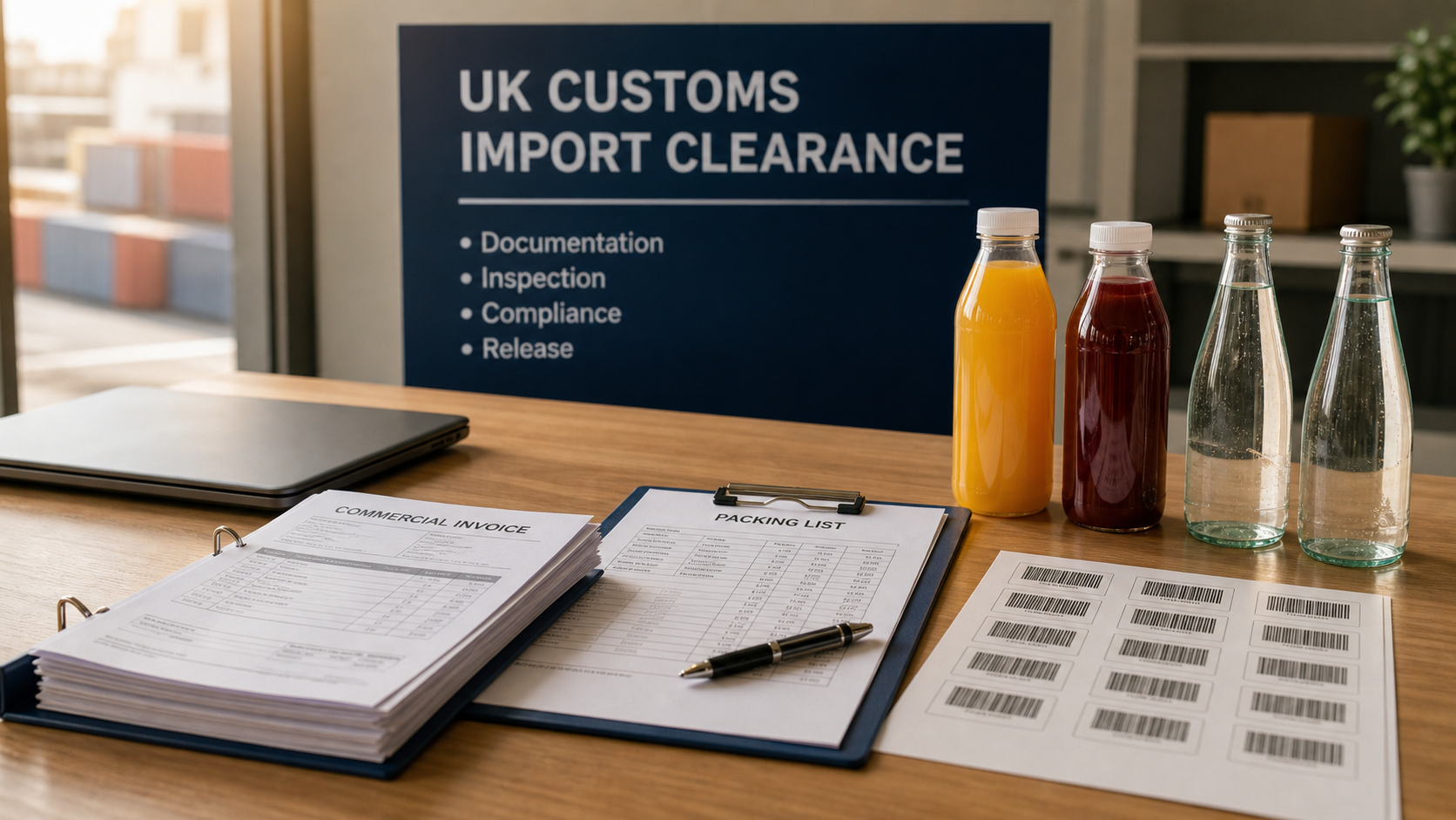 Beverage import paperwork checked at a UK customs desk