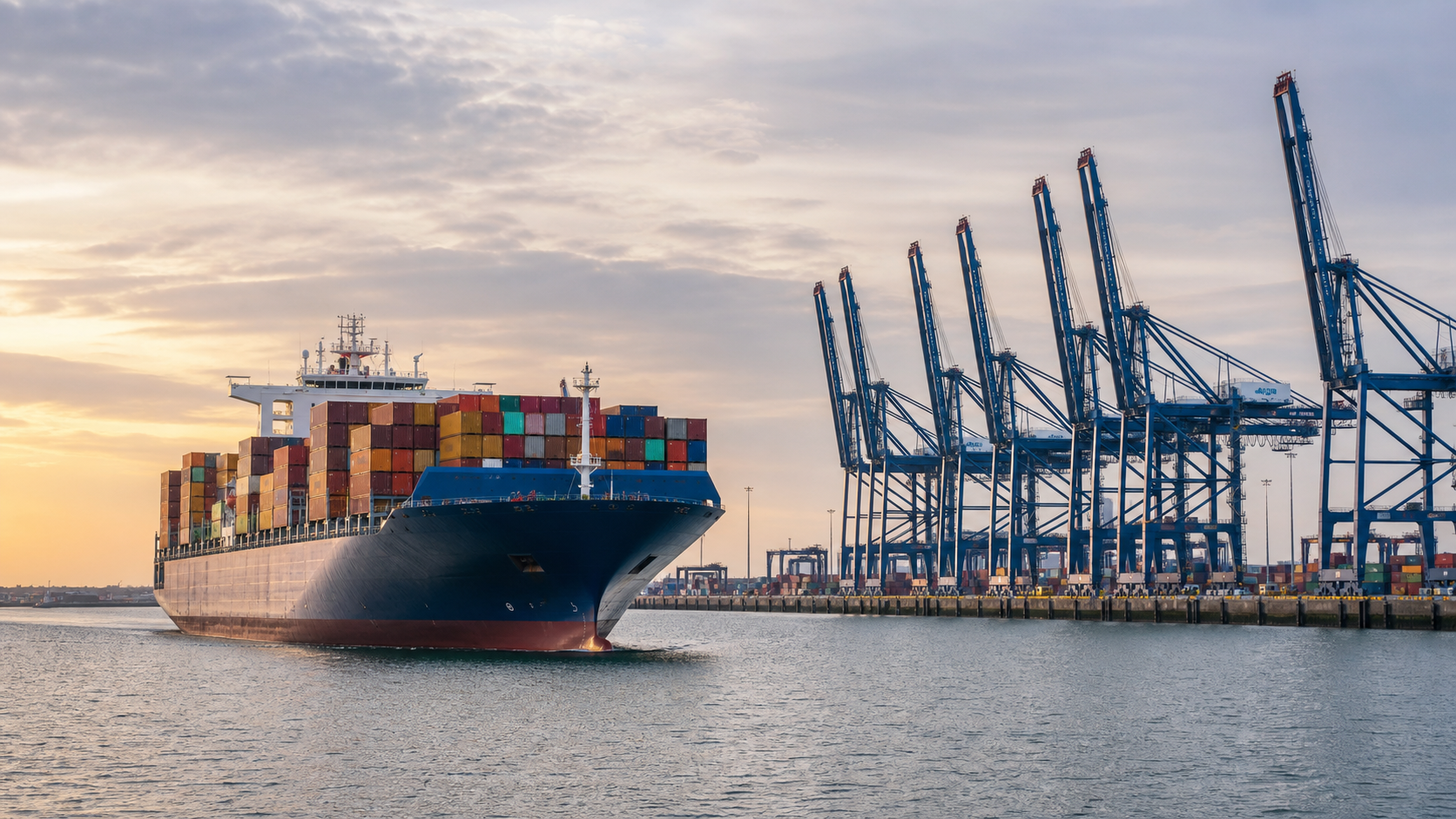 Container ship berthing at Port of Felixstowe with cranes and containers