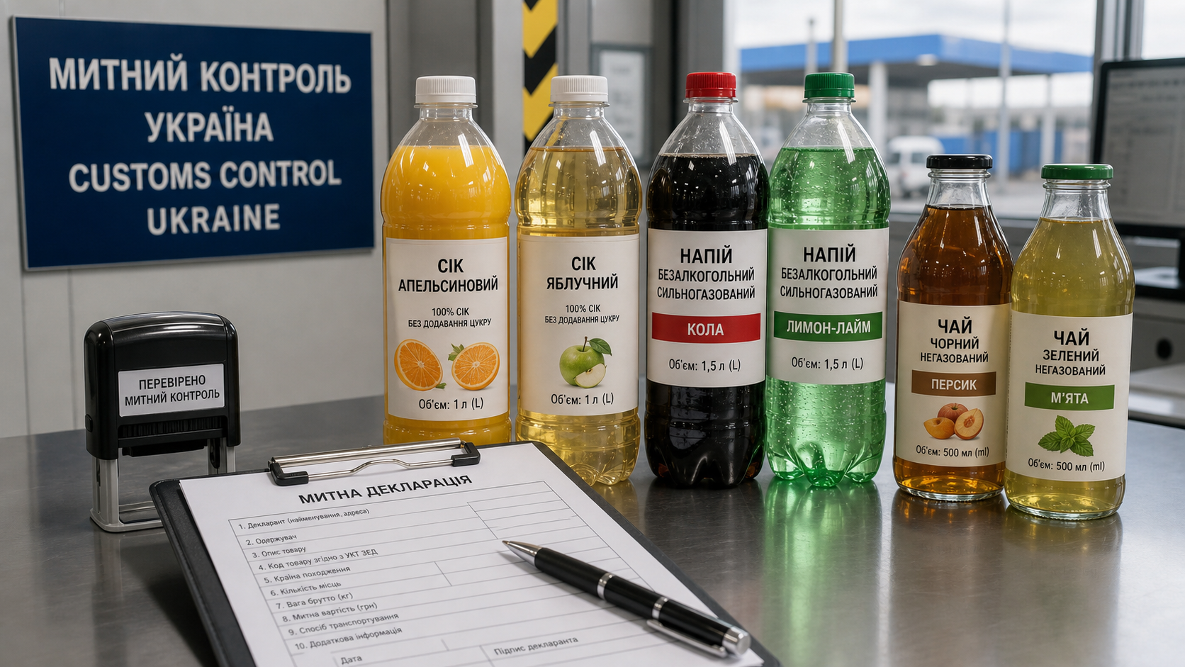 Assorted bottled beverages with Ukrainian labels on customs inspection desk