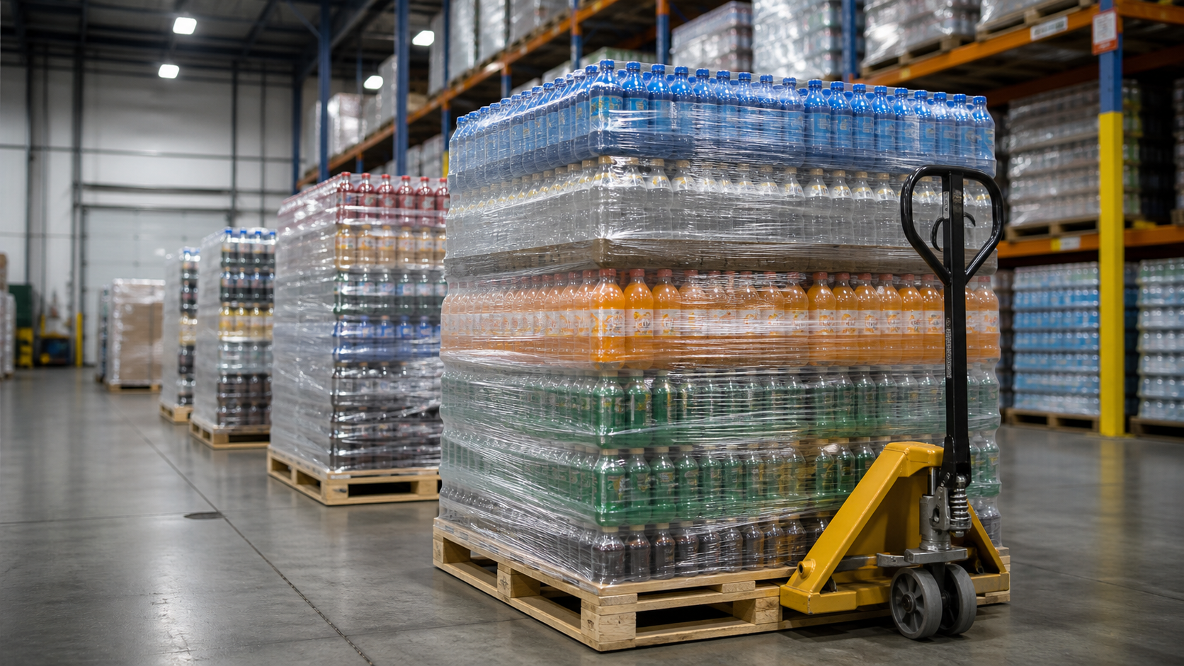 Palletized beverage cases in warehouse before Ukraine border inspection checkpoint