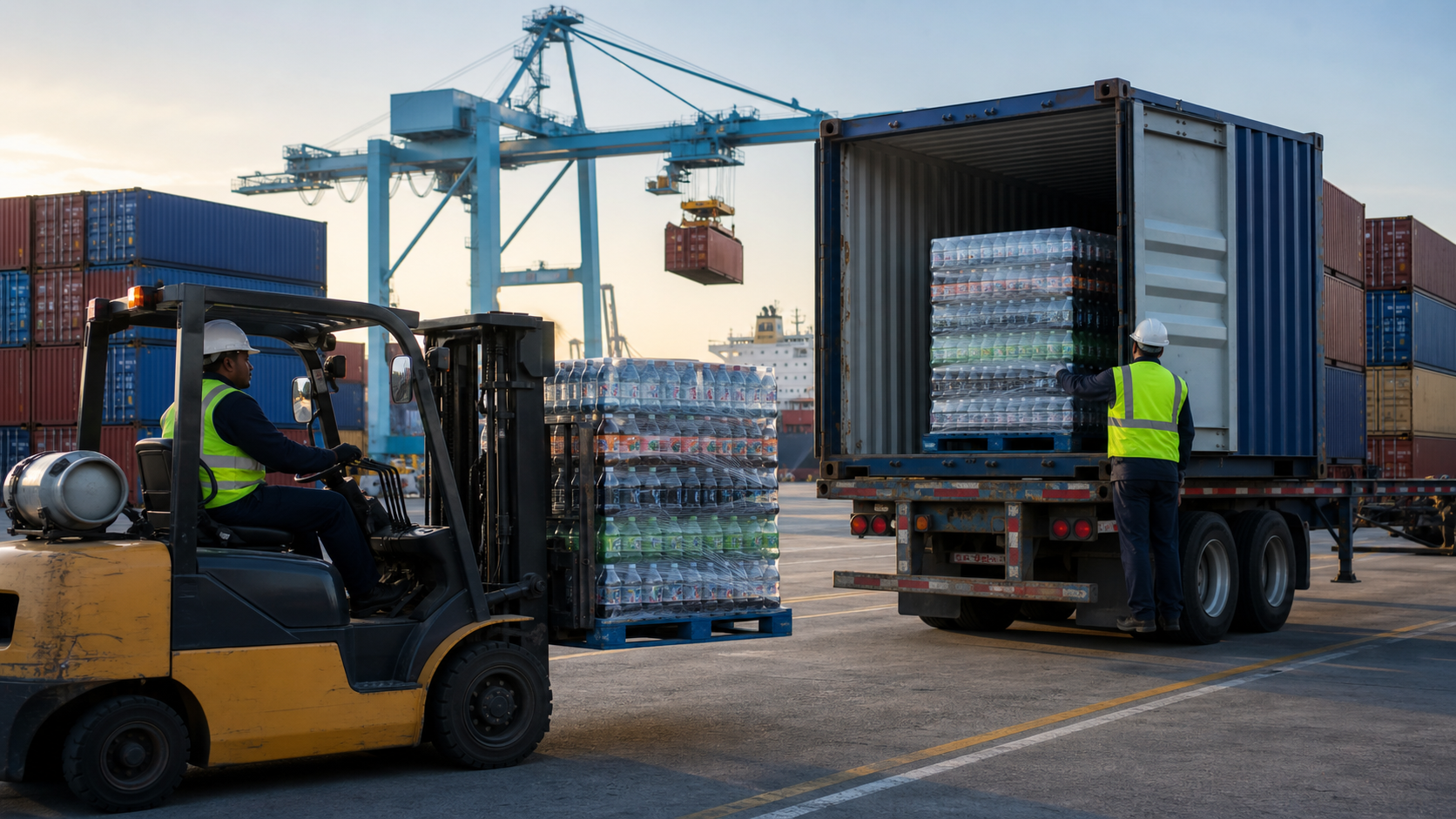 Container unloading pallets of bottled beverages at a U.S. port terminal