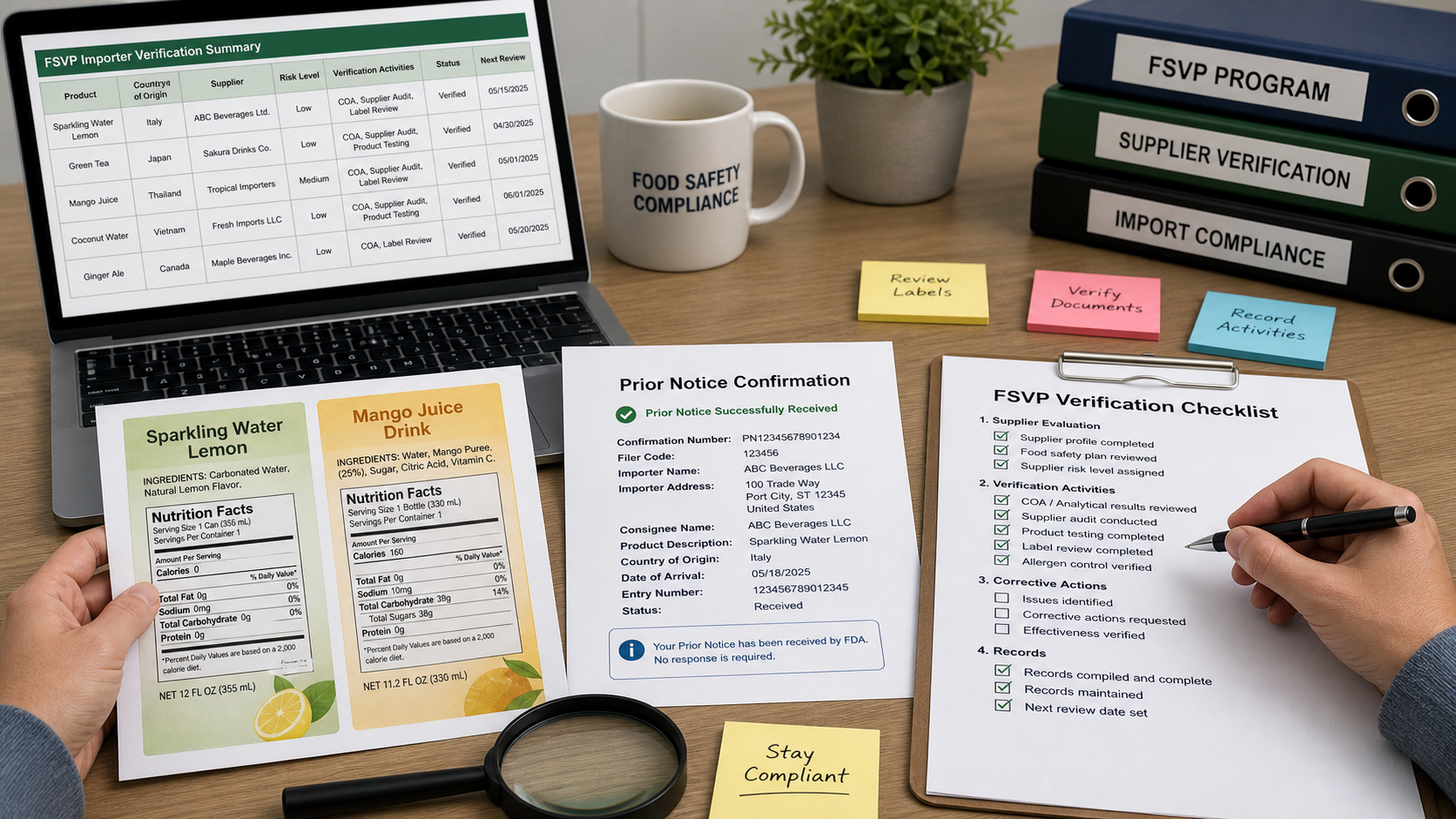 Compliance specialist reviewing beverage labels, Prior Notice and FSVP documents