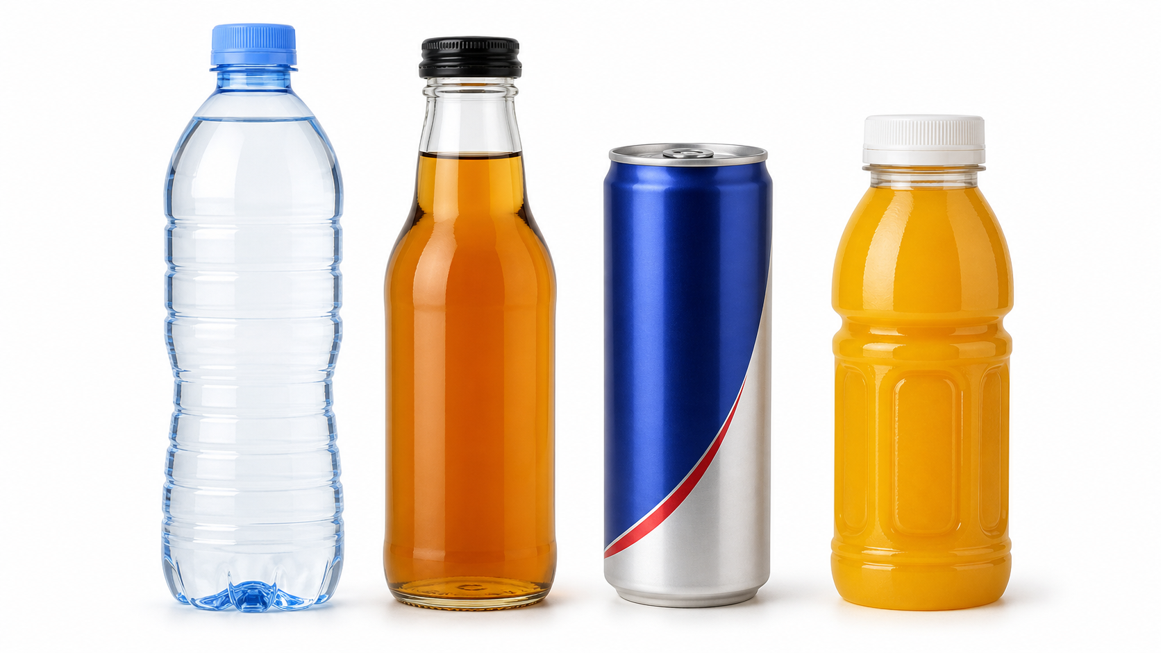 Assorted ready-to-drink beverages on white background for import labeling