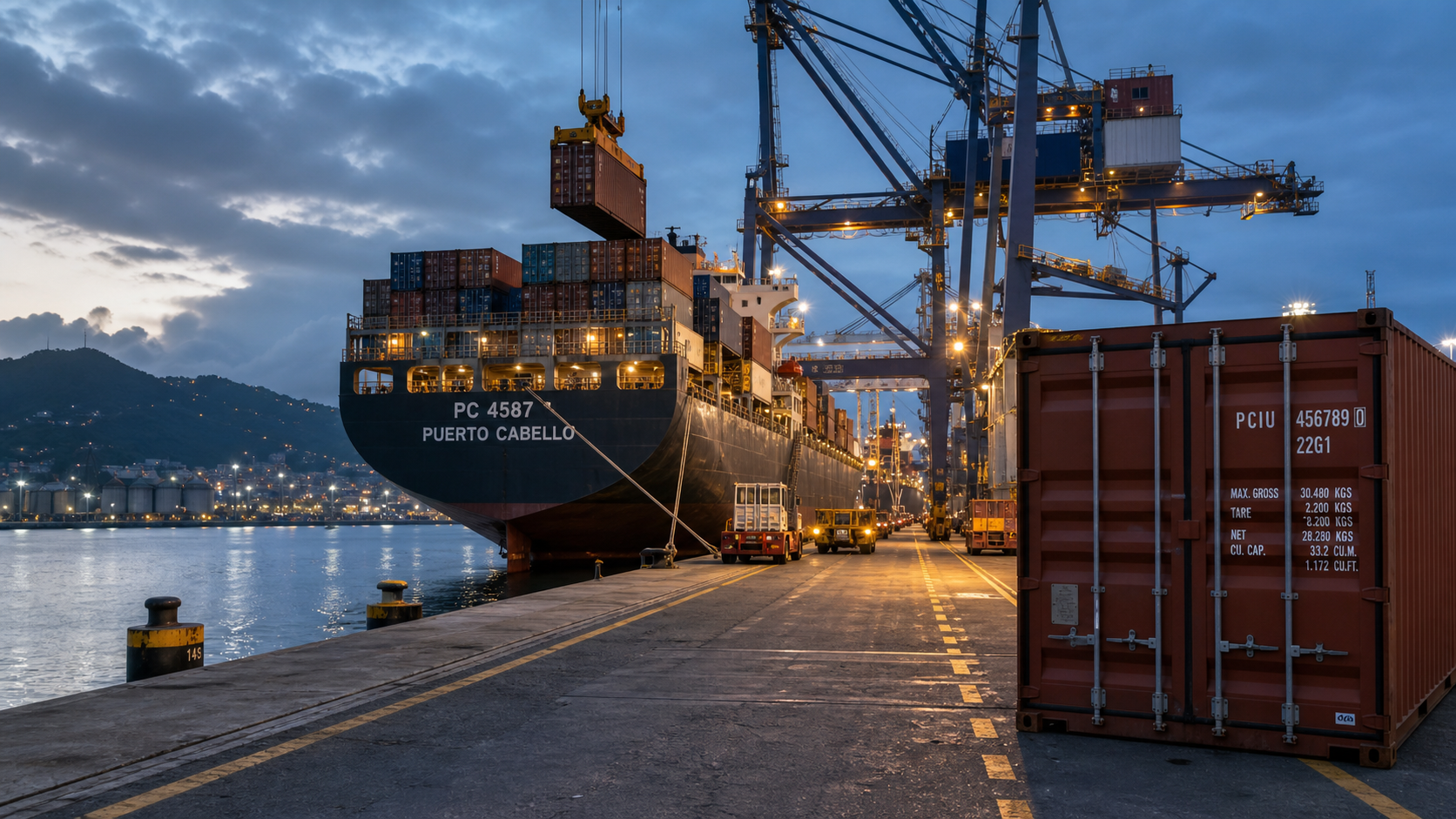 Cargo ship at Puerto Cabello unloading containers of drinks