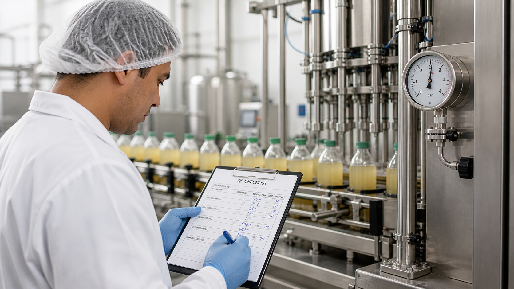 Operator recording line check data beside a beverage filler