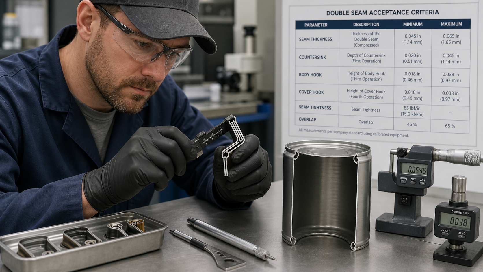 Technician performing can seam teardown measurement with gauges and charts