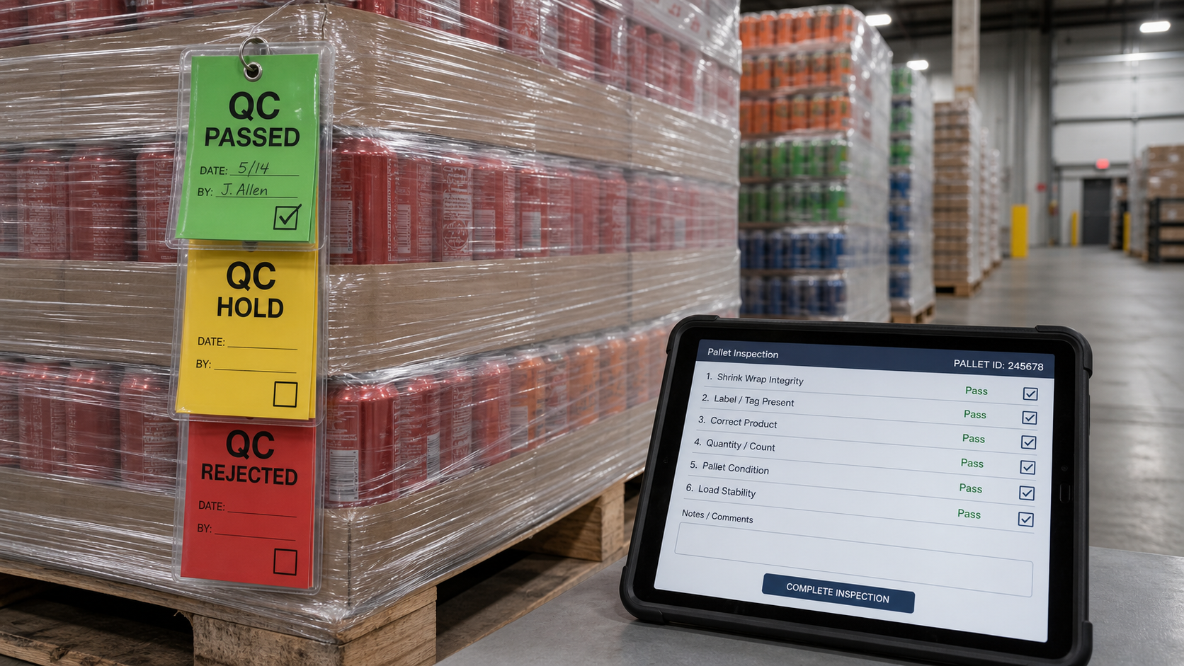 Digital checklists and QC tags on shrink-wrapped beverage pallets