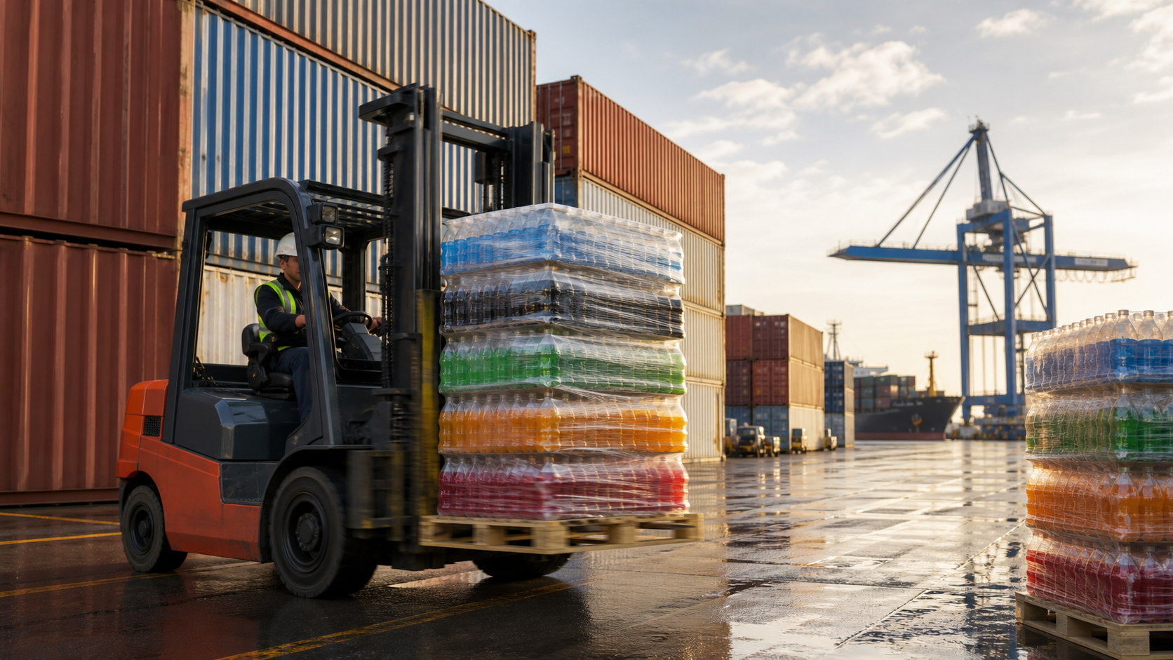 Forklift moving shrink-wrapped beverage pallets at a container port