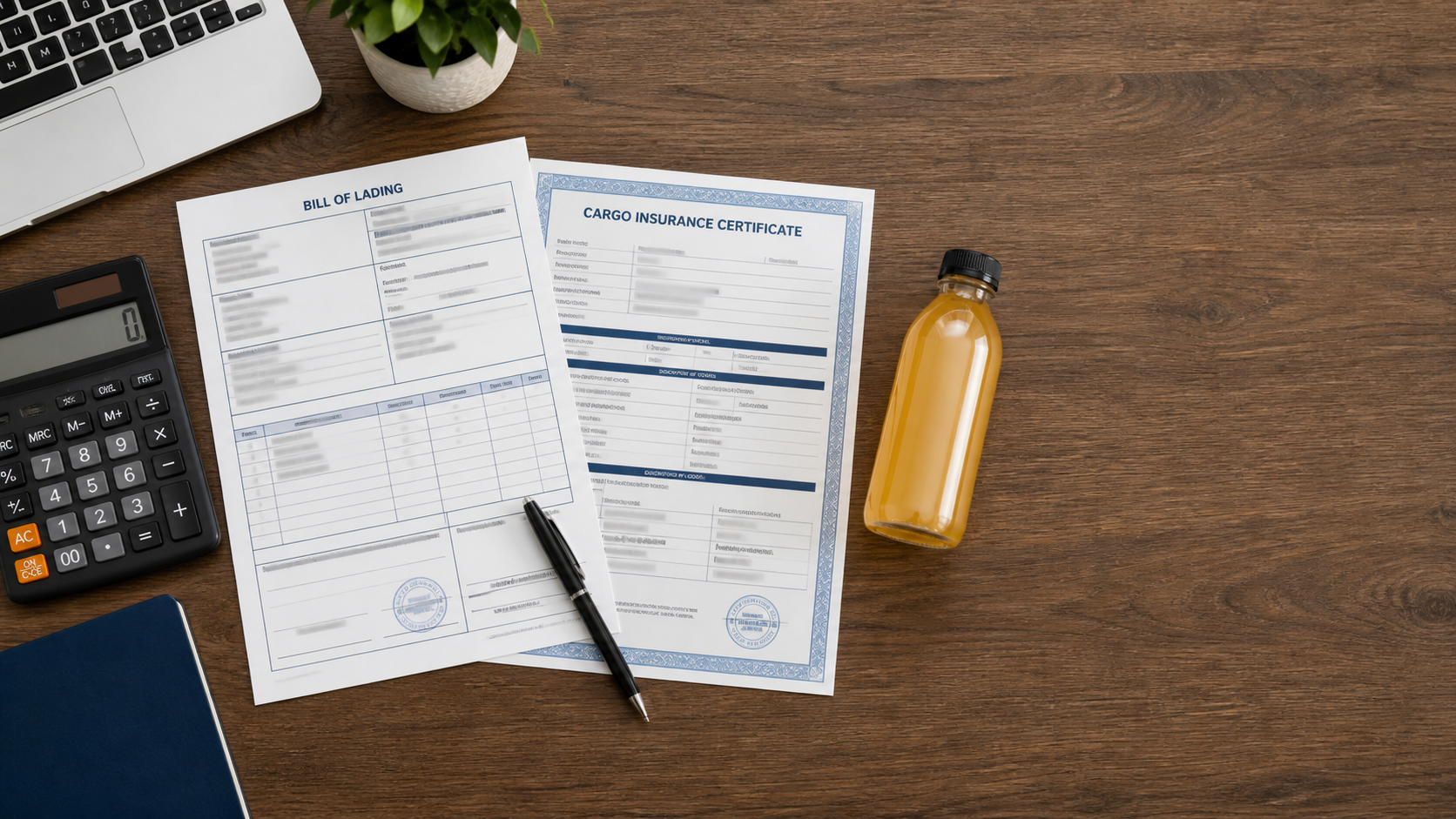Bill of lading, cargo insurance and pen on logistics desk
