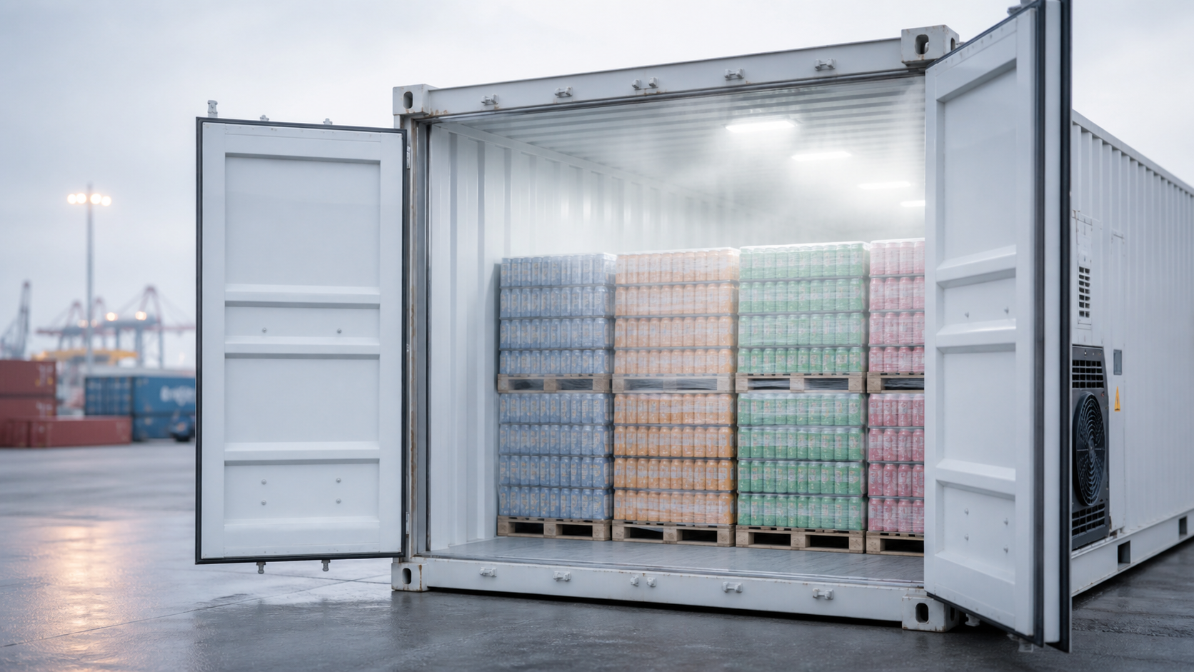 Open reefer container with beverage cartons loaded on pallets