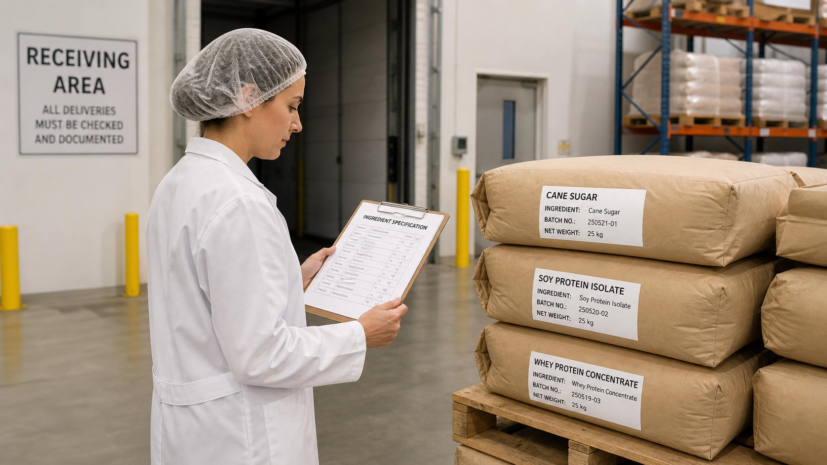Quality manager reviewing ingredient specification sheet beside labeled raw material sacks