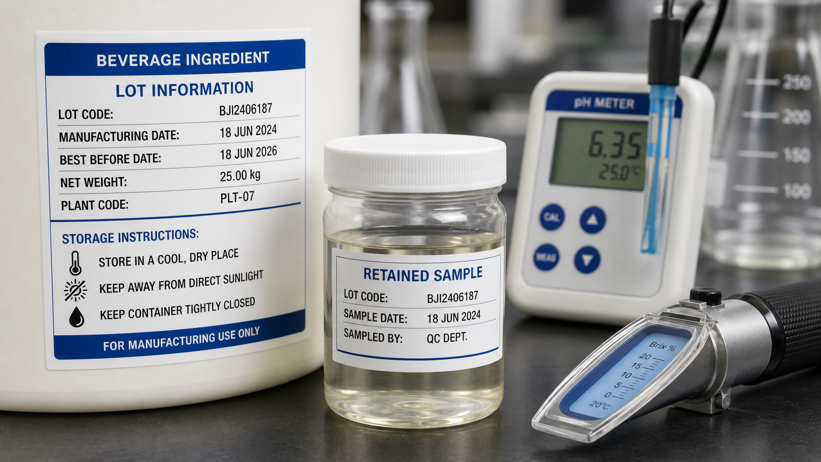 Close-up of beverage ingredient lot label and retained sample in lab