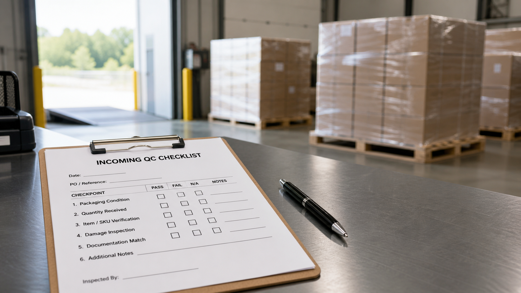 Checklist and pen prepared for incoming QC at receiving dock