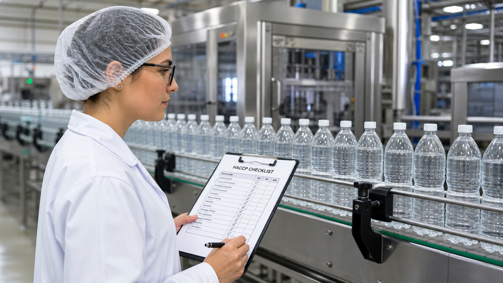 Auditor inspecting beverage bottling line with HACCP documents and checklist
