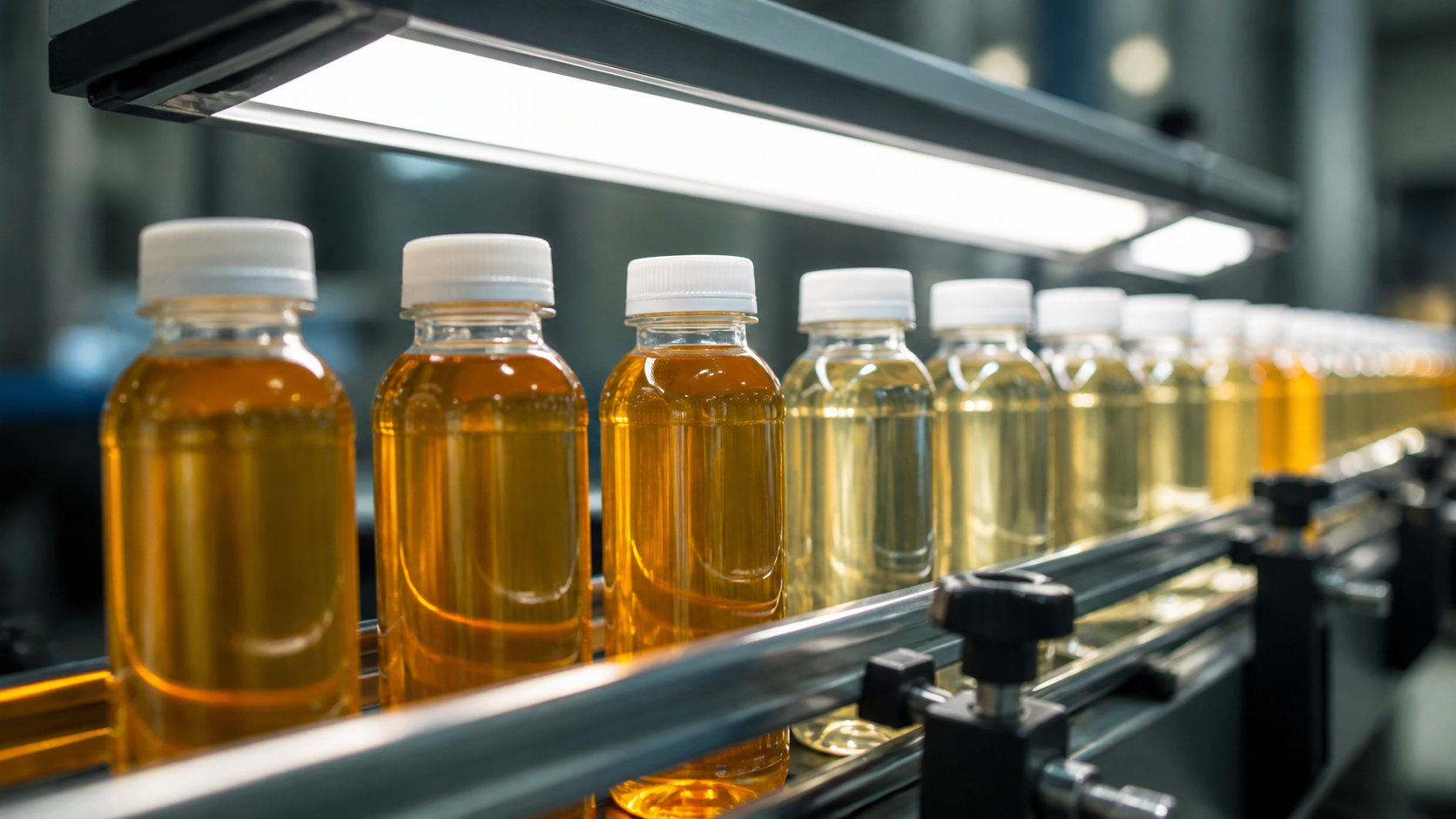 Close up of juice bottles on conveyor under quality control inspection lights