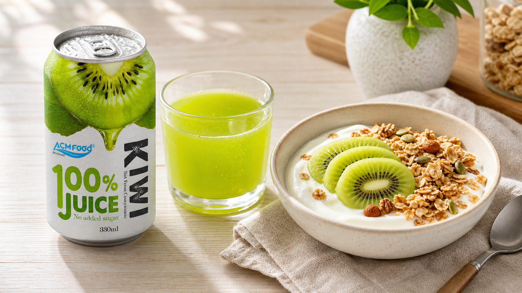Breakfast scene with kiwi juice in a tumbler beside yogurt and granola