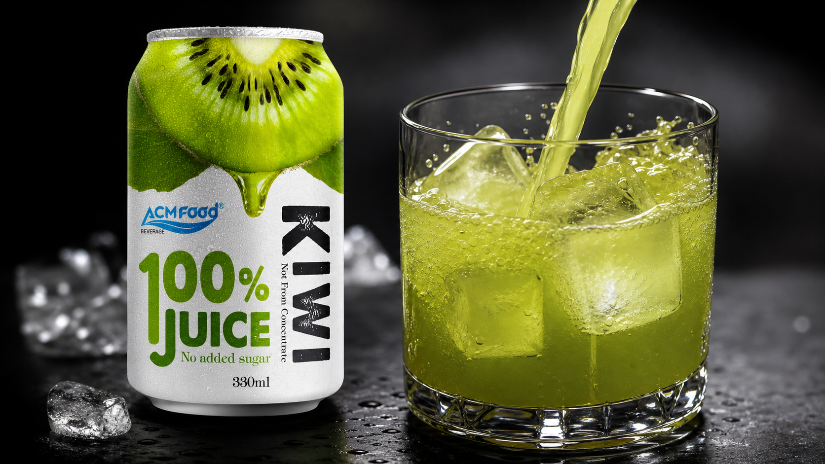 Close-up kiwi juice being poured into a chilled glass with ice