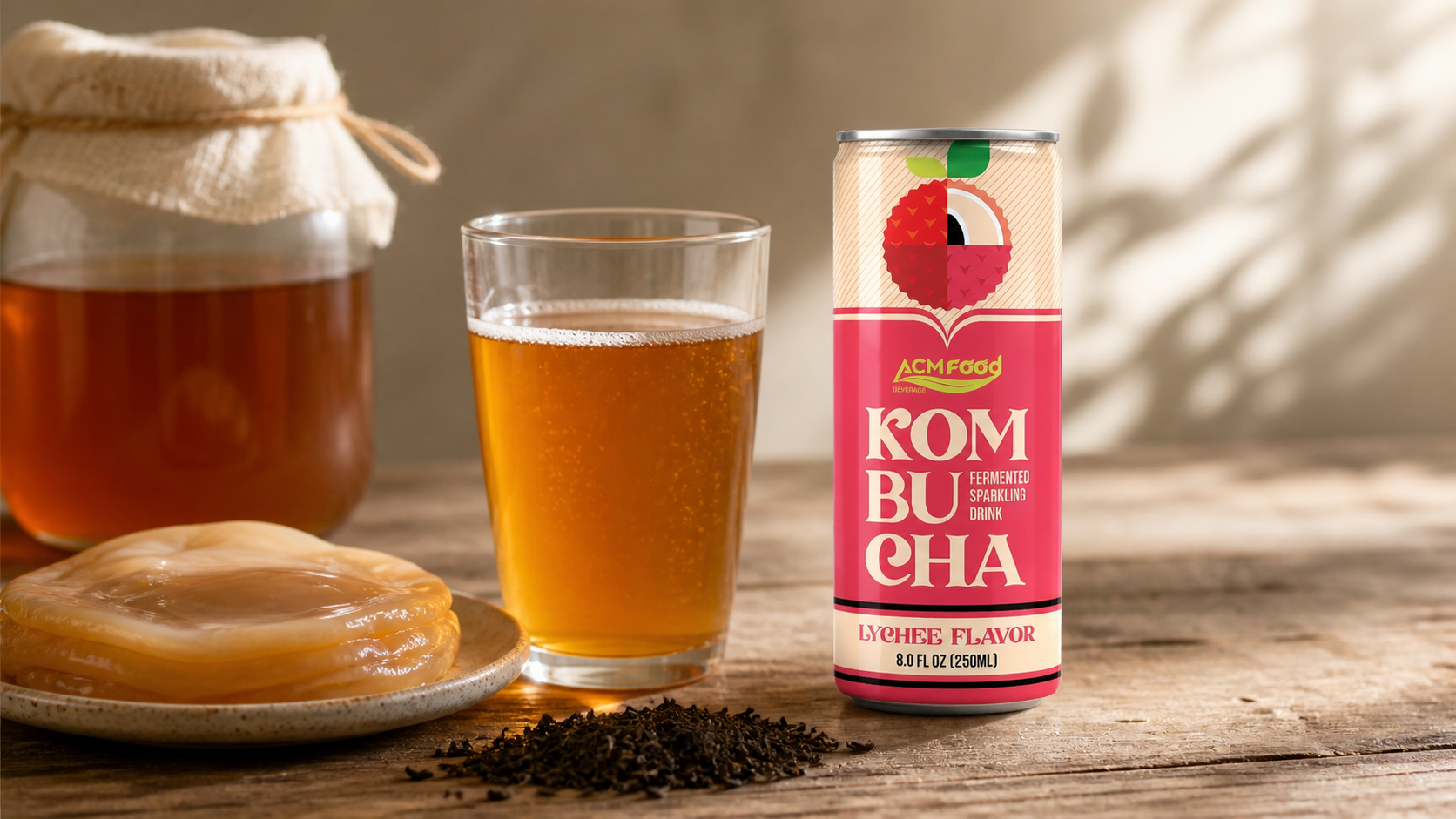 Glass of kombucha beside SCOBY and brewed tea ingredients