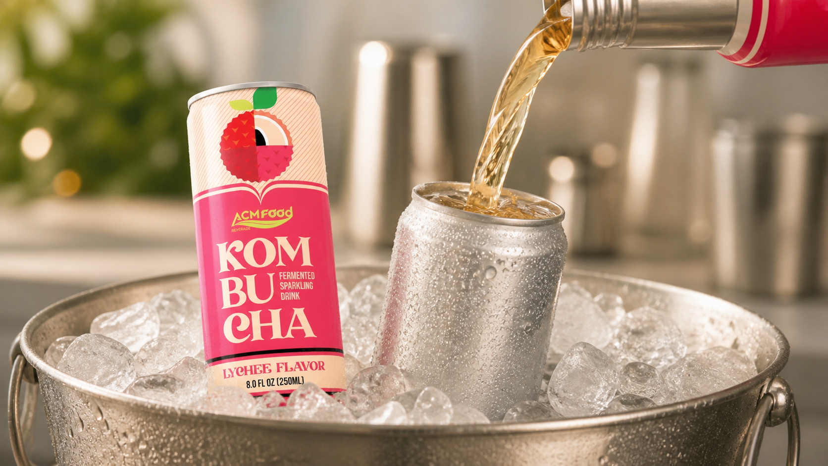 Sparkling kombucha being poured into a chilled can on ice