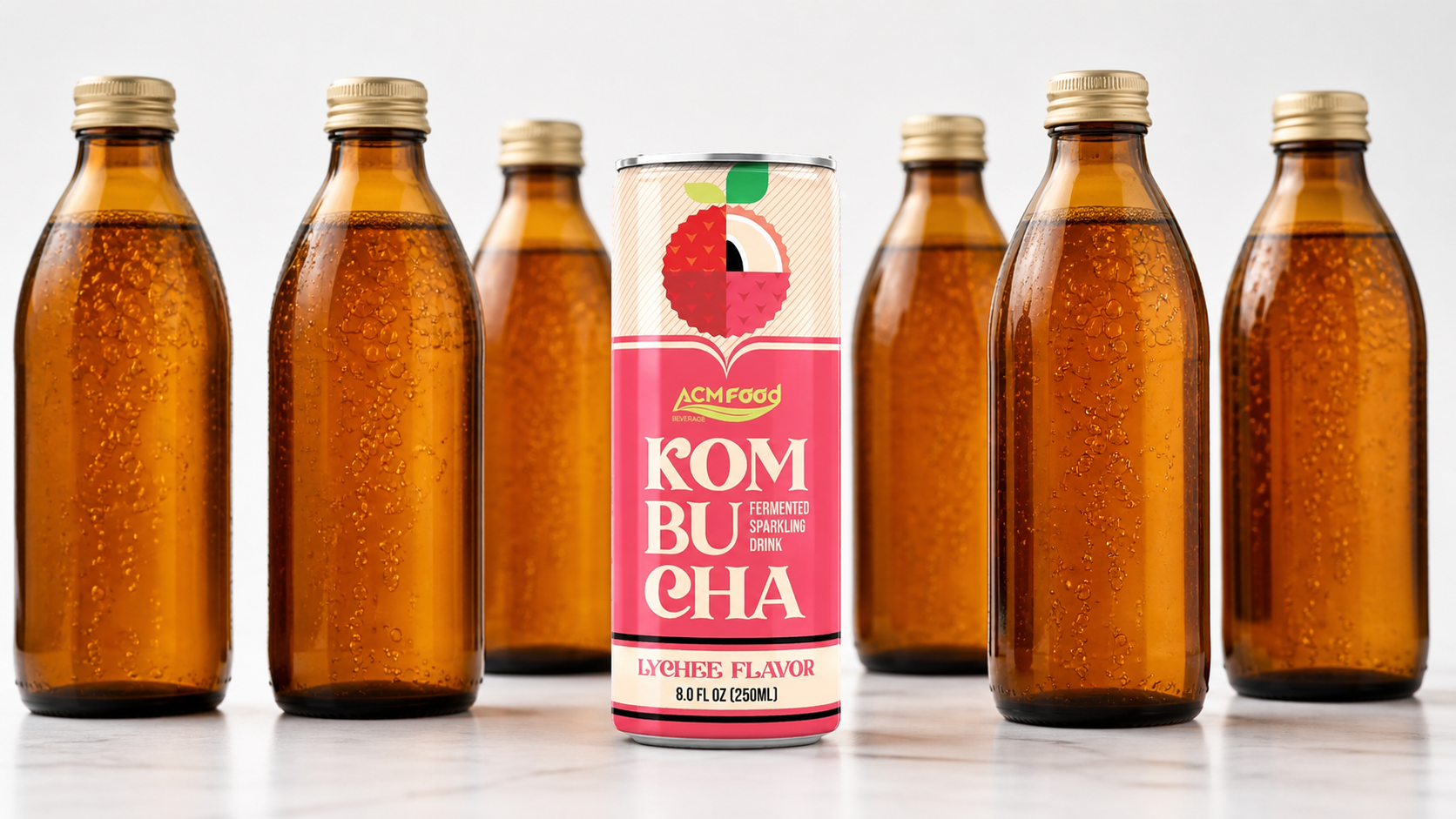 Close-up lineup of private label kombucha bottles with carbonation