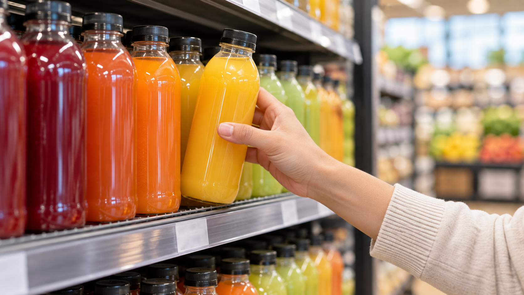 A row of finished unbranded beverage bottles on a supermarket shelf with a shopper's hand reaching for one, bright clean retail lighting, shallow depth of field, realistic commercial retail photography, landscape composition, no legible labels