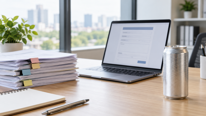 LACF process filing documents beside a sealed beverage can