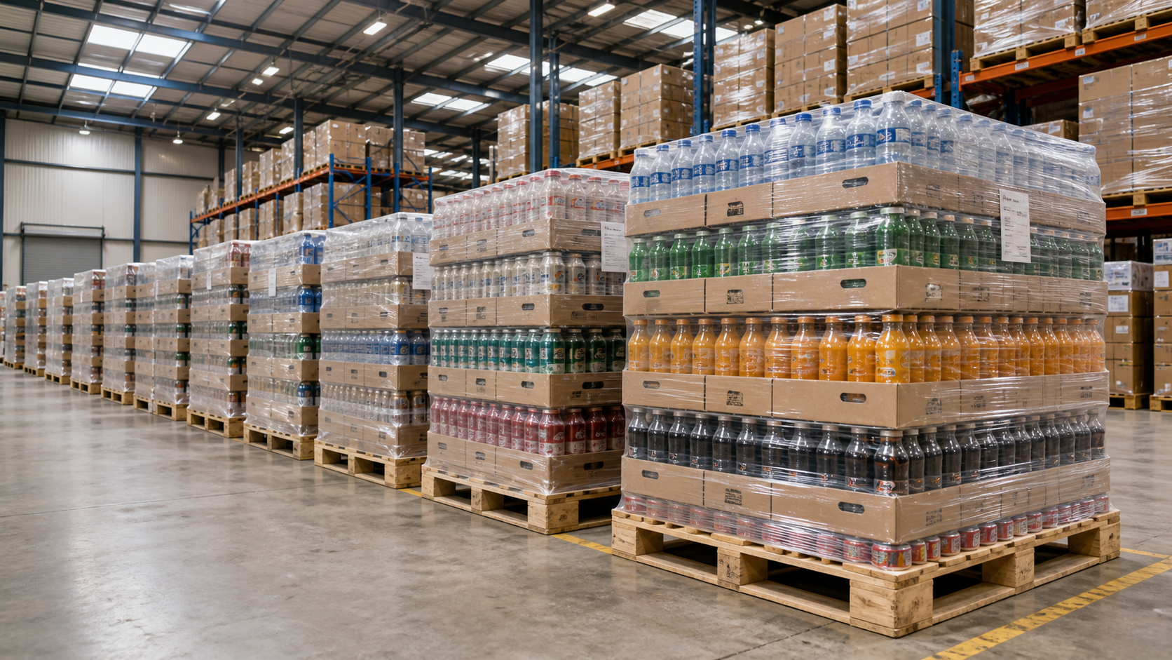 Palletized beverage cartons prepared for export loading in a clean warehouse