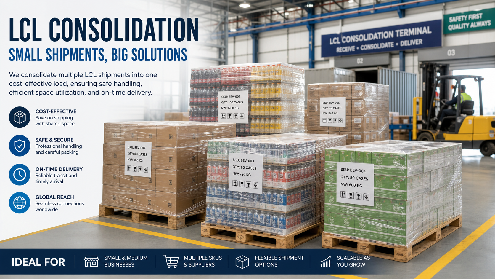 Mixed beverage SKUs on pallets at an LCL consolidation terminal