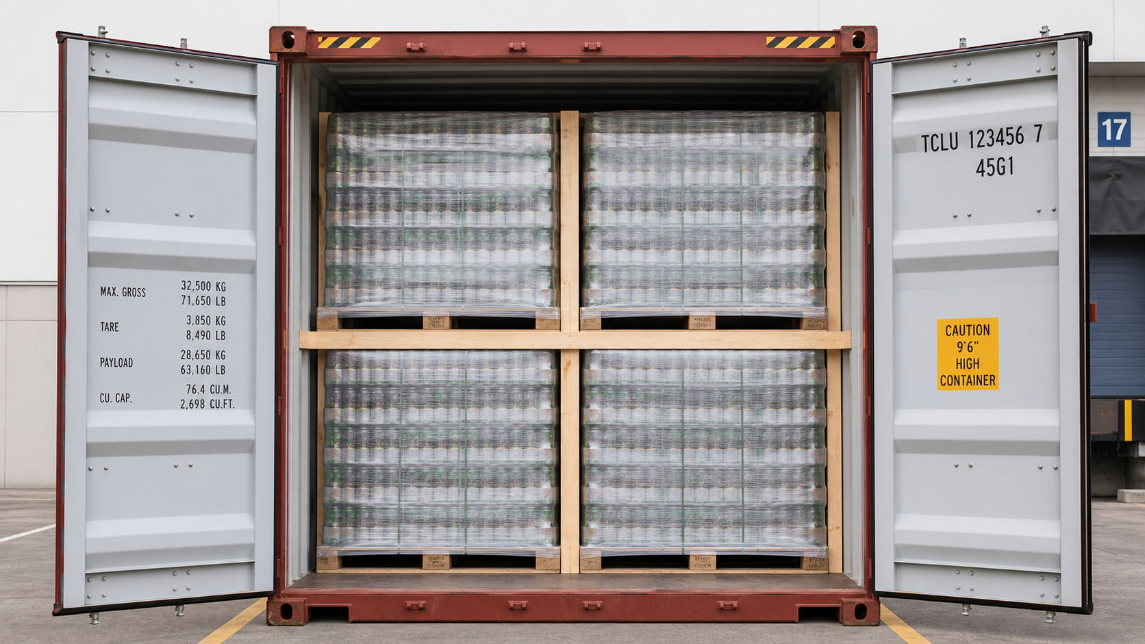Full container loaded with shrink-wrapped beverage pallets ready for export