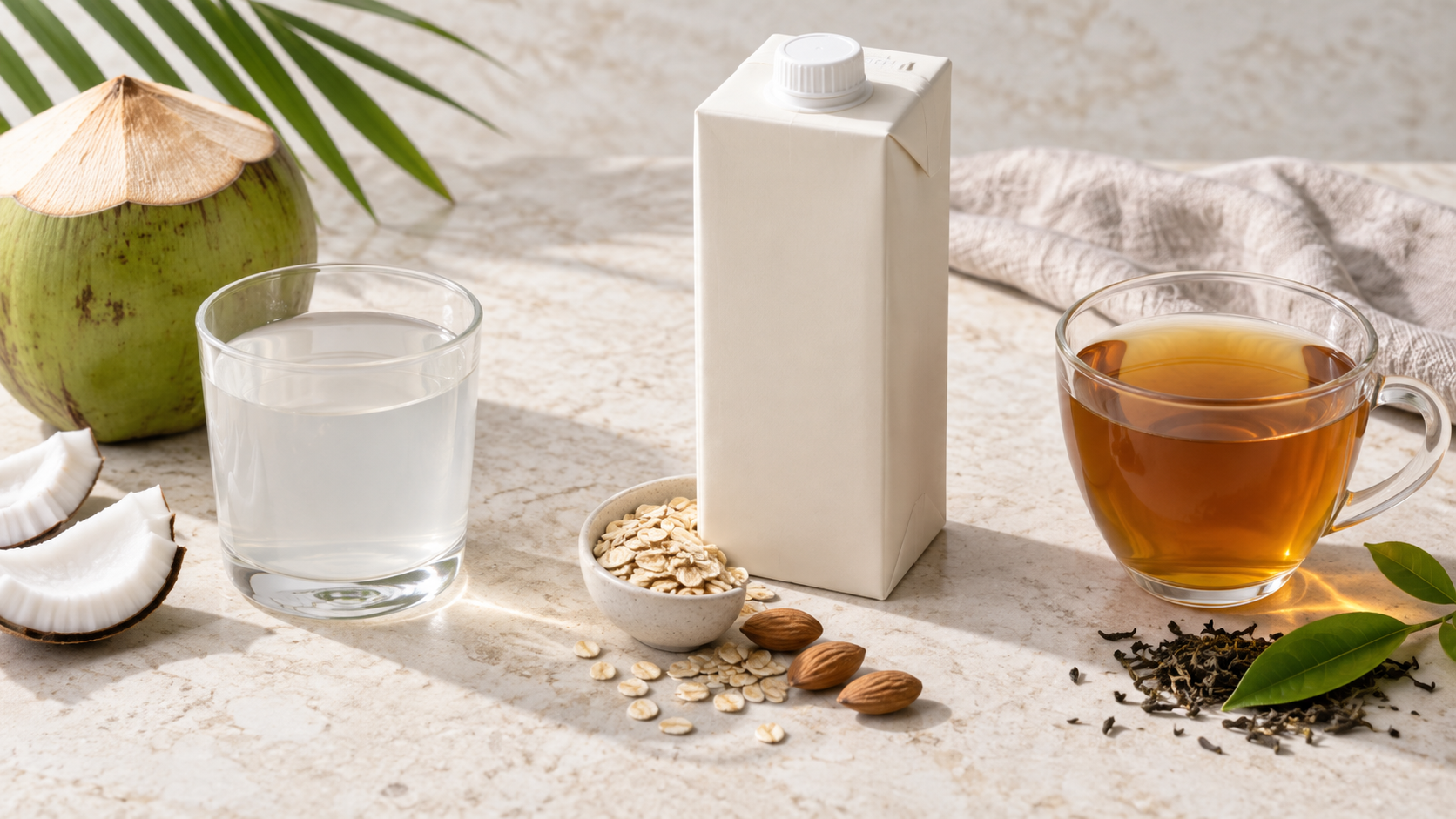 Overhead arrangement of low acid drinks in neutral packaging on a pale stone surface, including a glass of coconut water, a carton of plant based milk and a glass of unsweetened tea, soft diffused daylight, clean minimal styling, commercial food photography, landscape composition