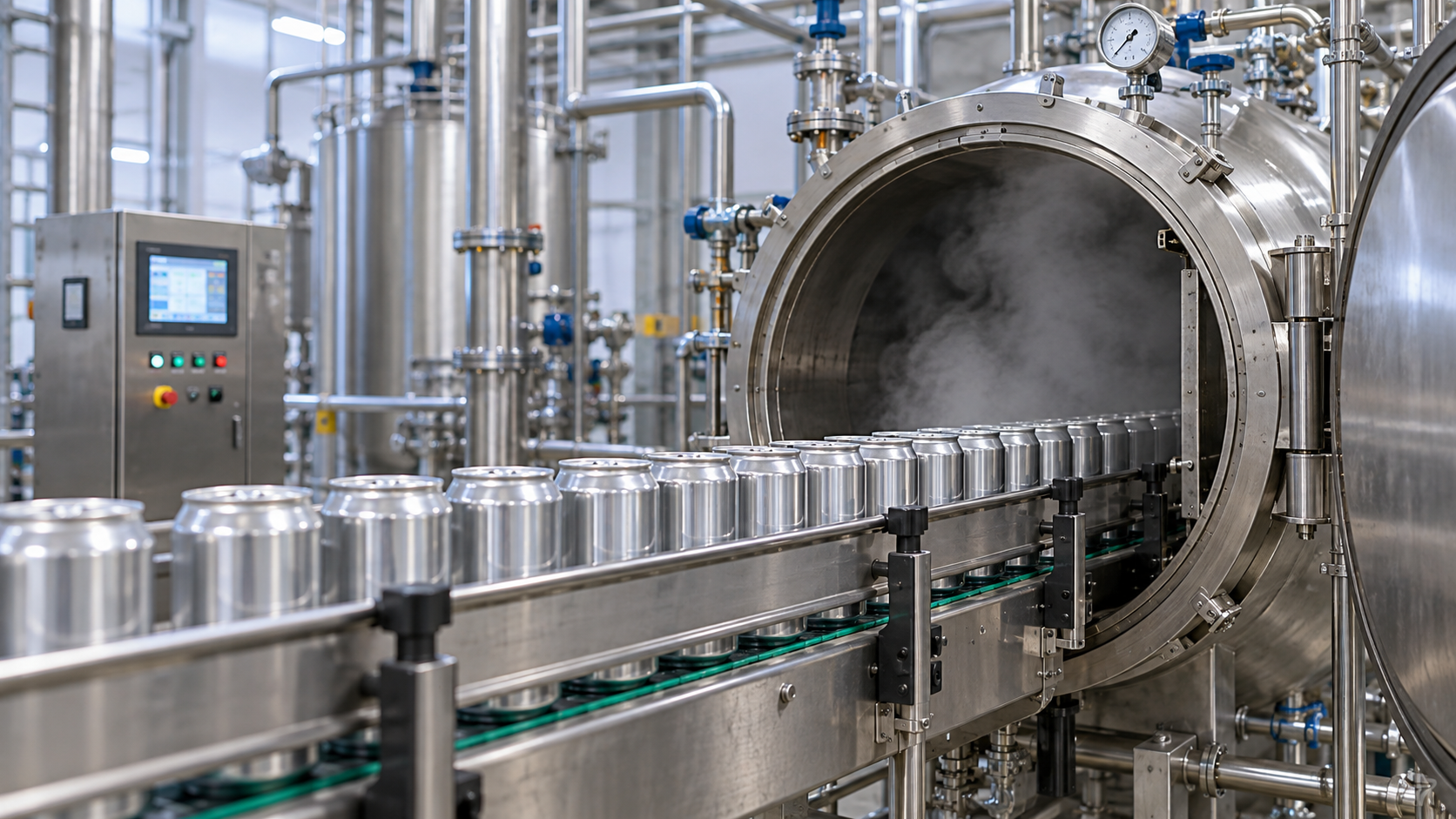 Sealed cans travelling on a conveyor into a stainless steel sterilisation vessel in a beverage plant, steam pipework and control panel visible in the background, cool industrial lighting, realistic proportions, commercial industrial photography, landscape composition