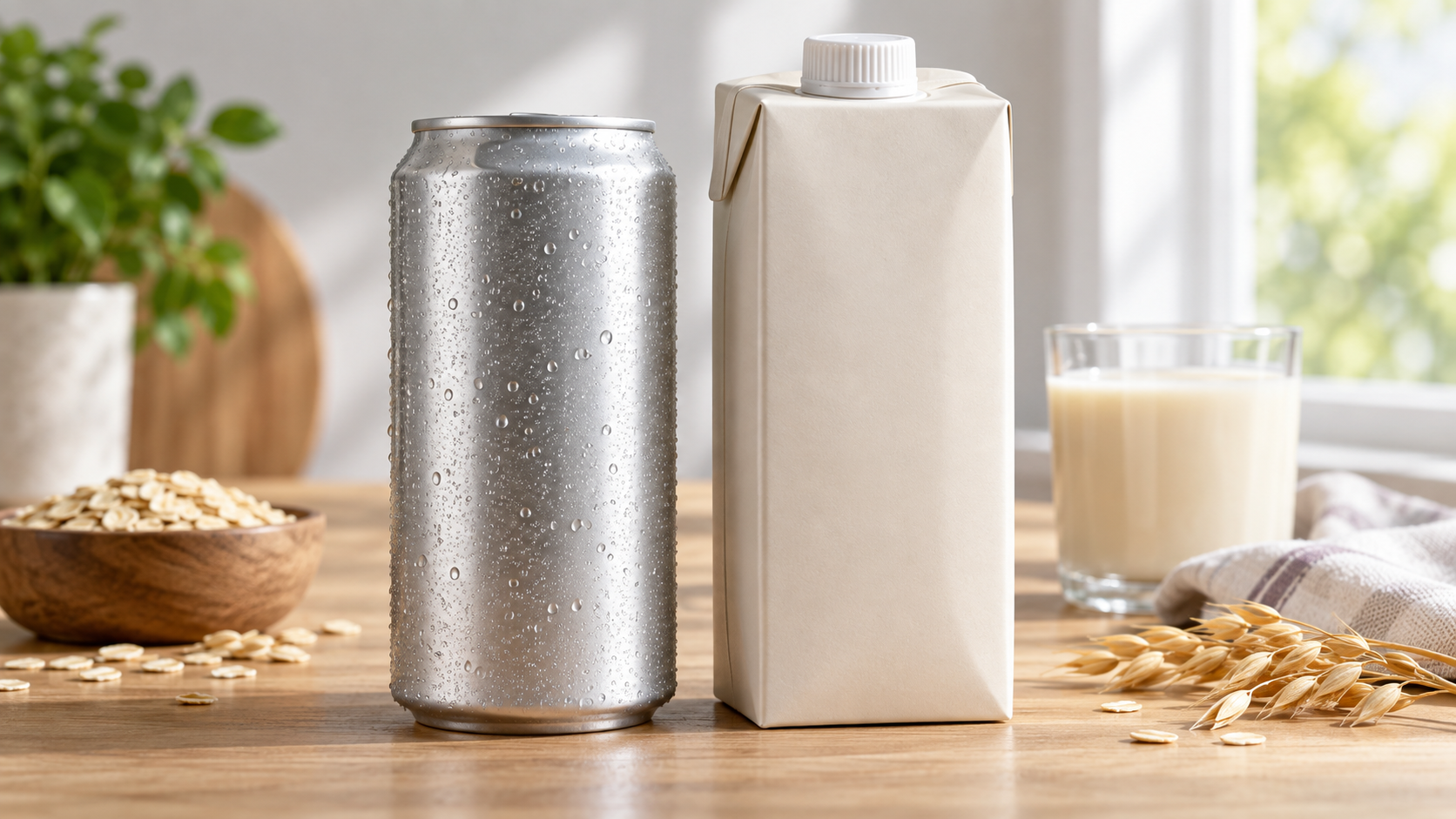 Close up of an unbranded aluminium can and an aseptic carton of a pale plant based drink standing side by side on a light wooden surface, soft window light from the right, condensation on the can, clean commercial product photography, landscape composition