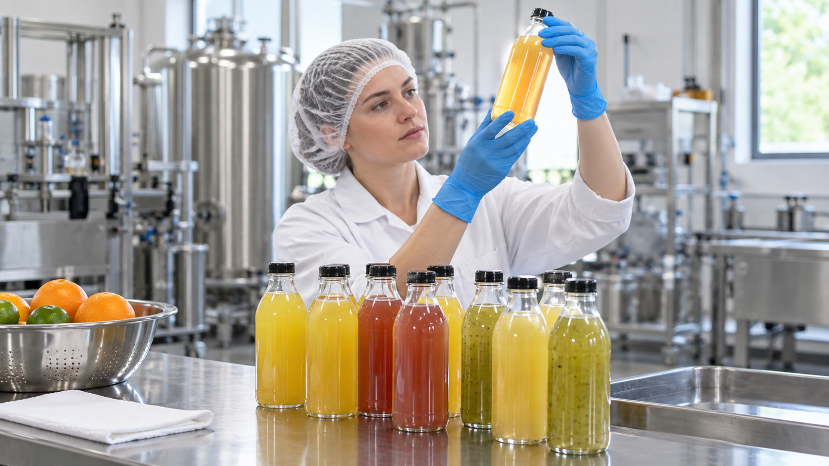 A small batch of unlabelled bottled drinks arranged on a stainless steel bench in a pilot production area, one operator checking a bottle against the light, clean bright workshop, realistic proportions, commercial photography, 16:9 landscape