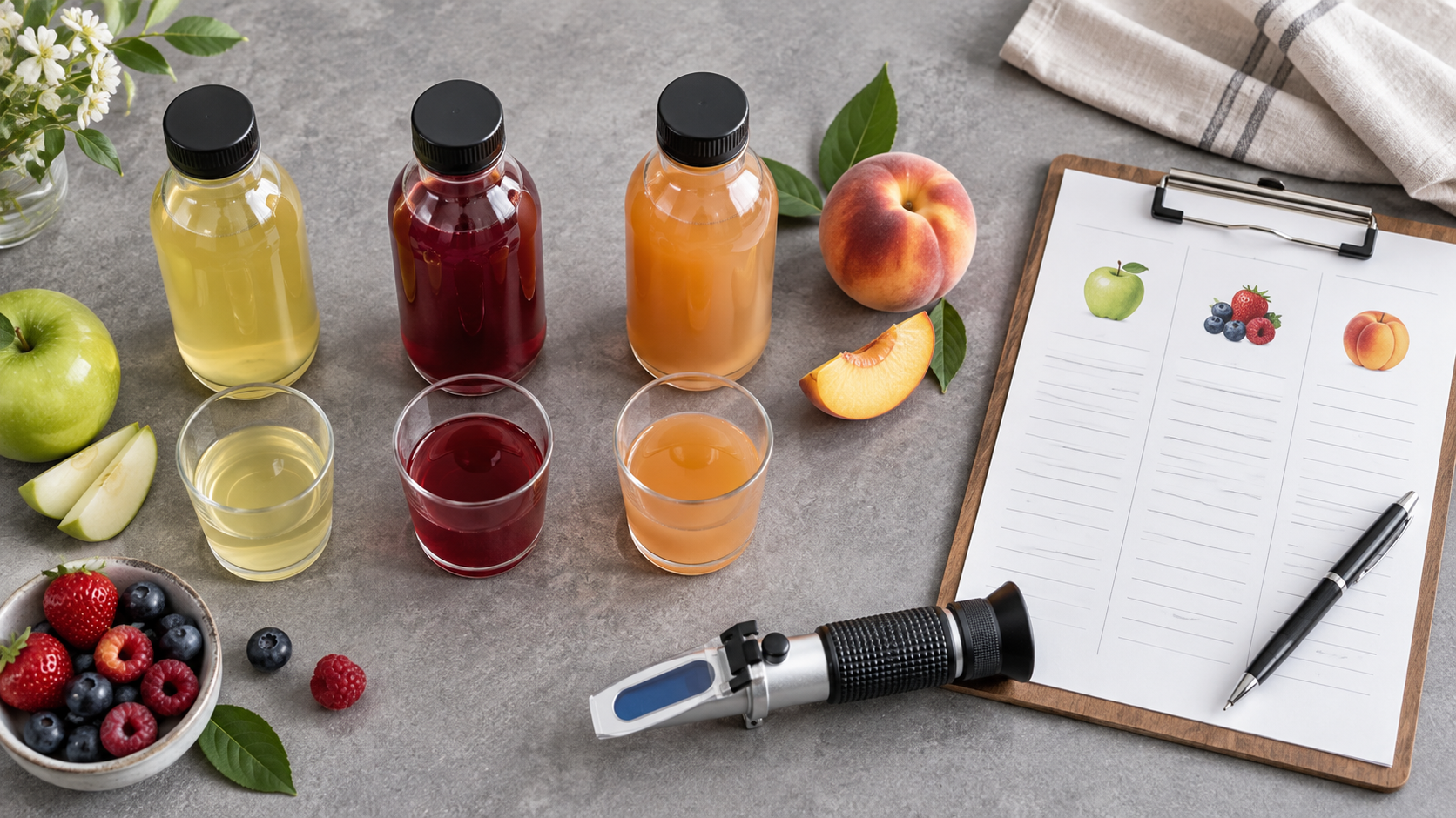 Overhead view of a workbench with three sample bottles of different fruit drinks, a clipboard of tasting notes and a refractometer, neutral grey surface, soft even daylight, clean minimal styling, 16:9 landscape