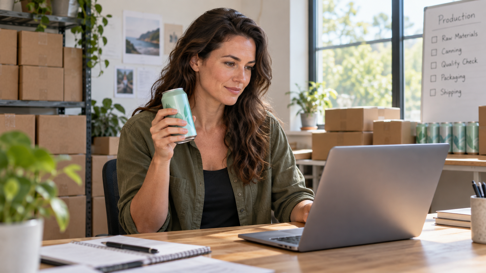 A founder holding a single finished drink can while reviewing a production schedule on a laptop in a small bright office, cardboard shipper boxes stacked behind, natural window light, professional commercial photography, 16:9 landscape