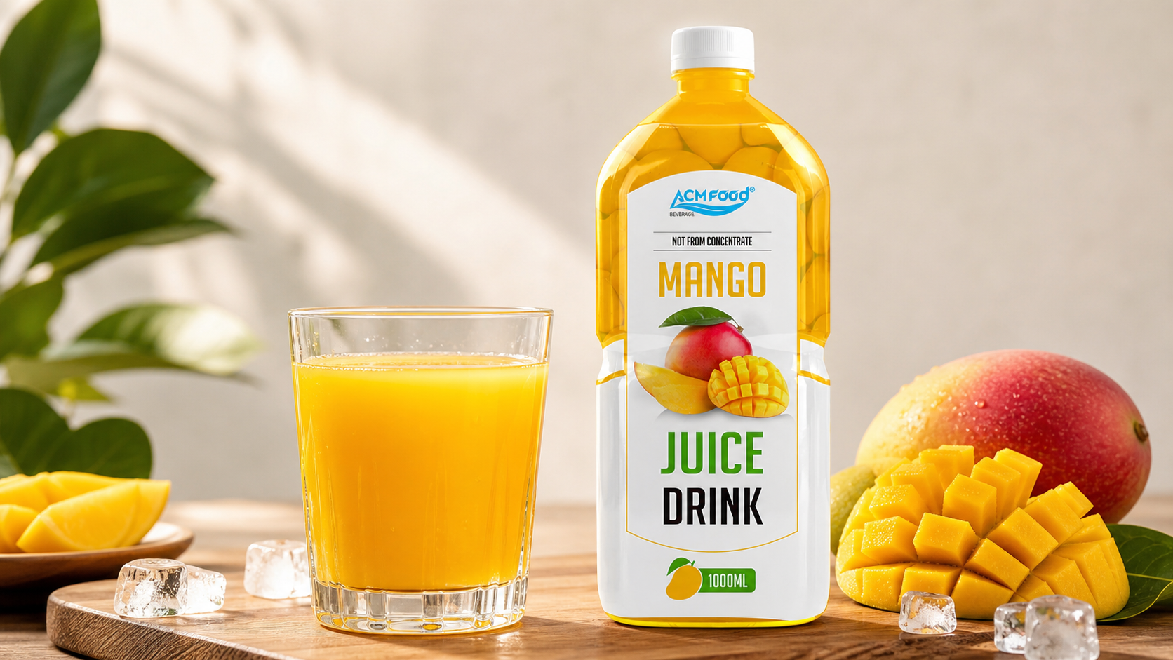 Glass of mango juice with fresh ripe mango slices on board