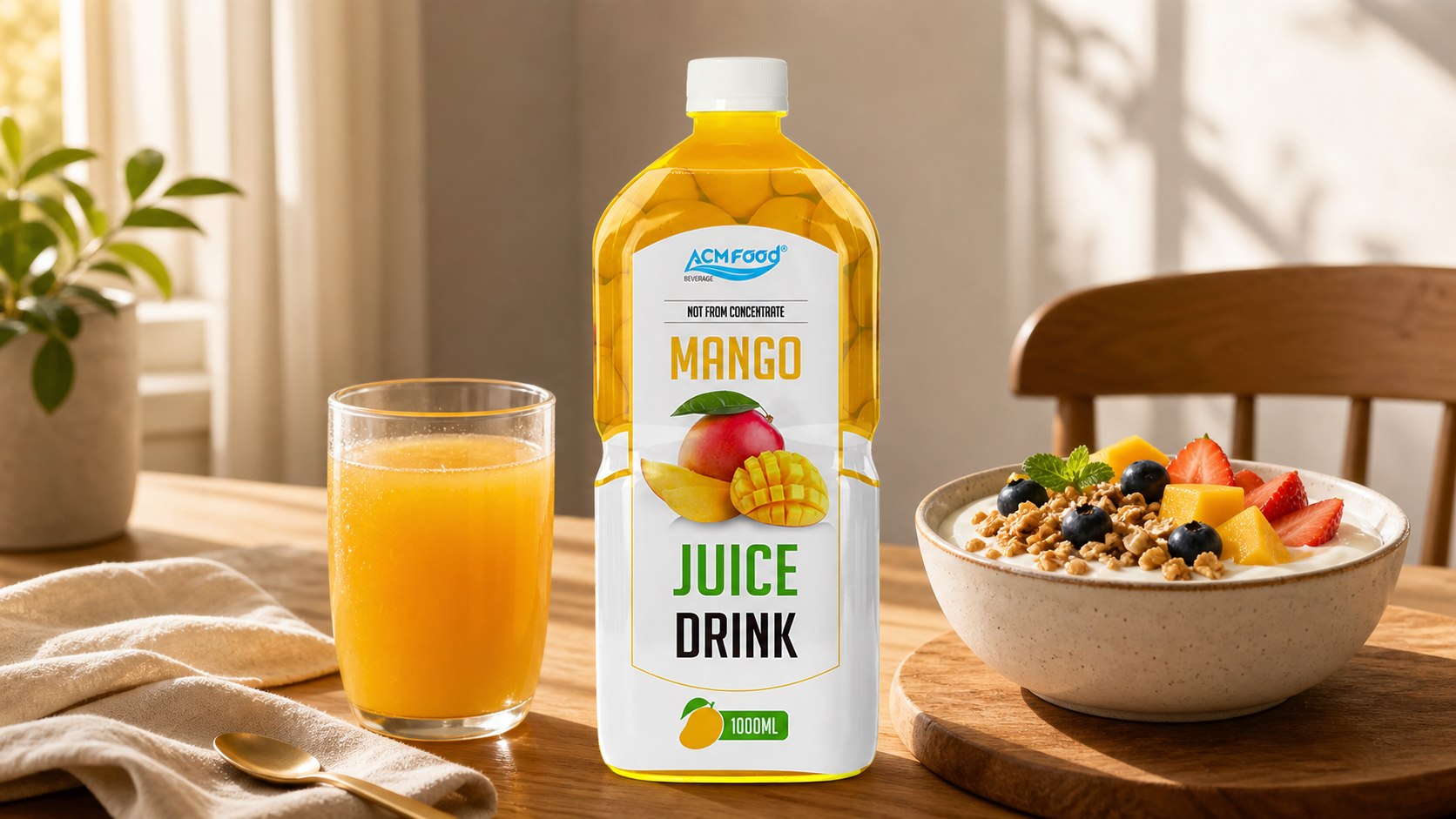 Breakfast table serving mango juice with granola yogurt bowl