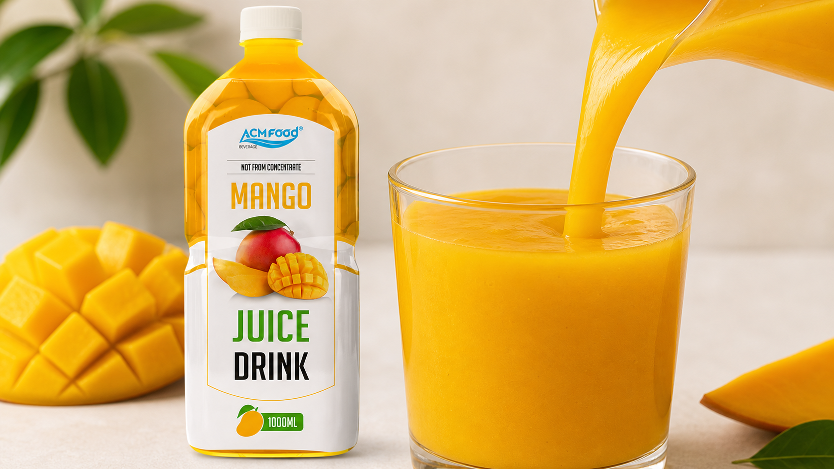 Close-up pour of thick mango juice into clear tumbler