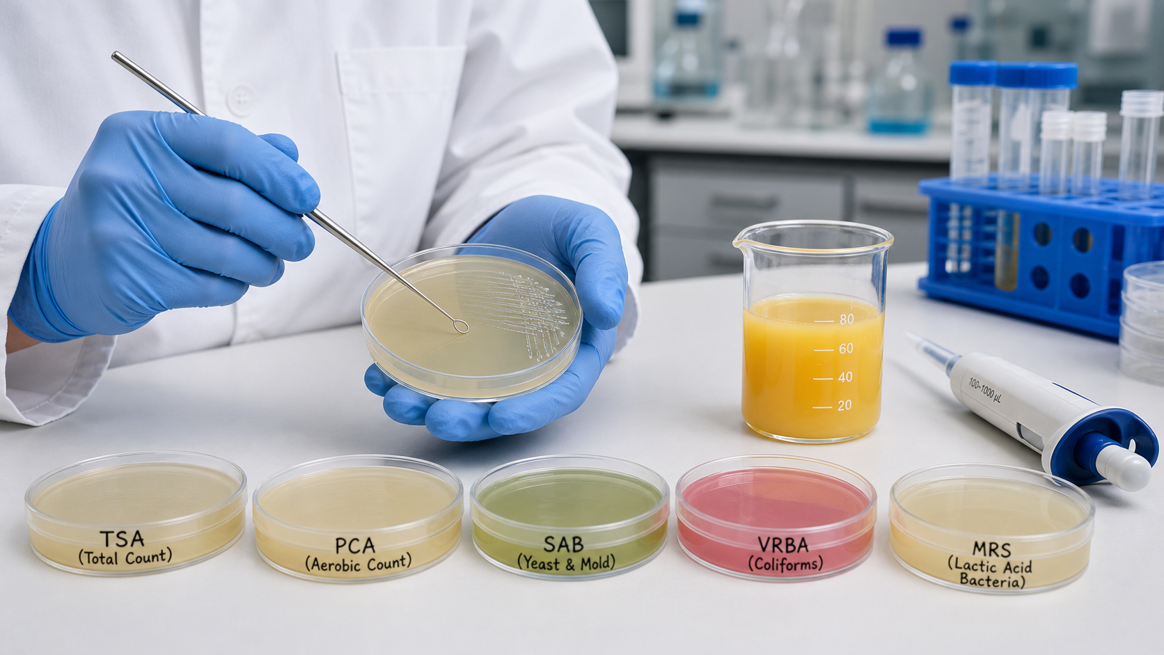 Technician plating beverage sample for microbiological testing on agar plates