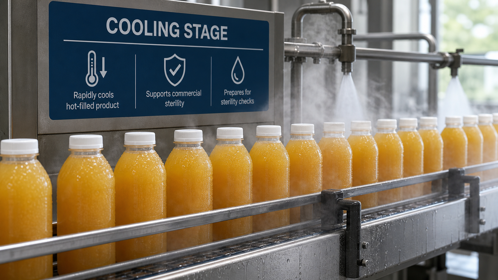 Hot-filled juice bottles cooling after capping during commercial sterility verification