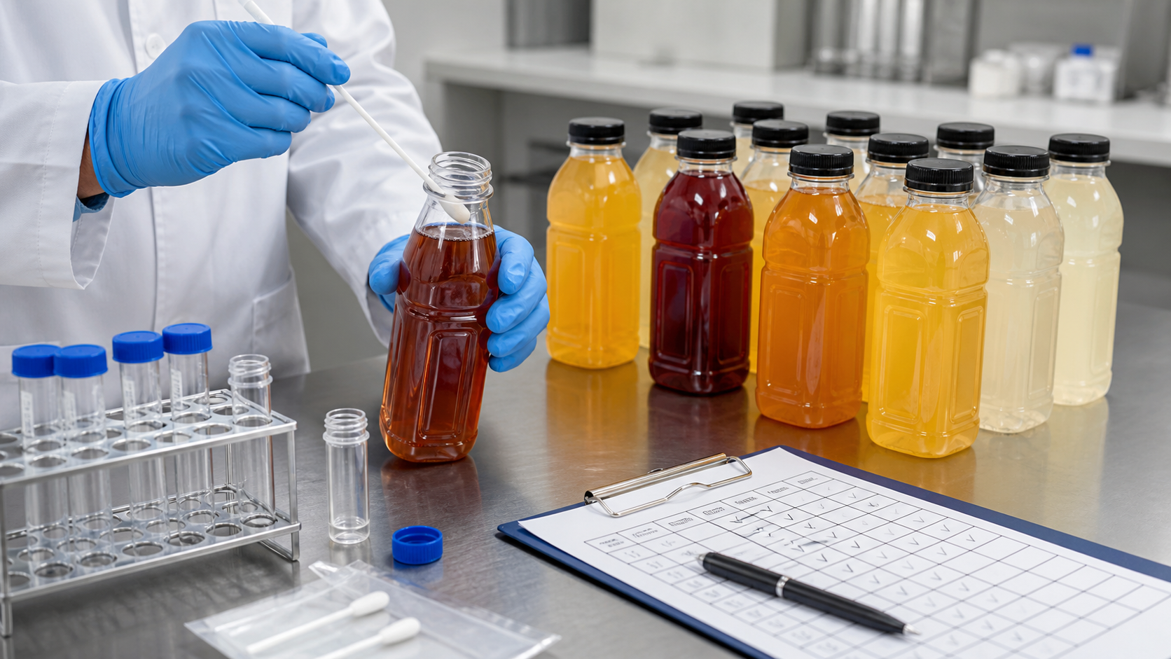 Quality control lab sampling finished beverage bottles for micro test release